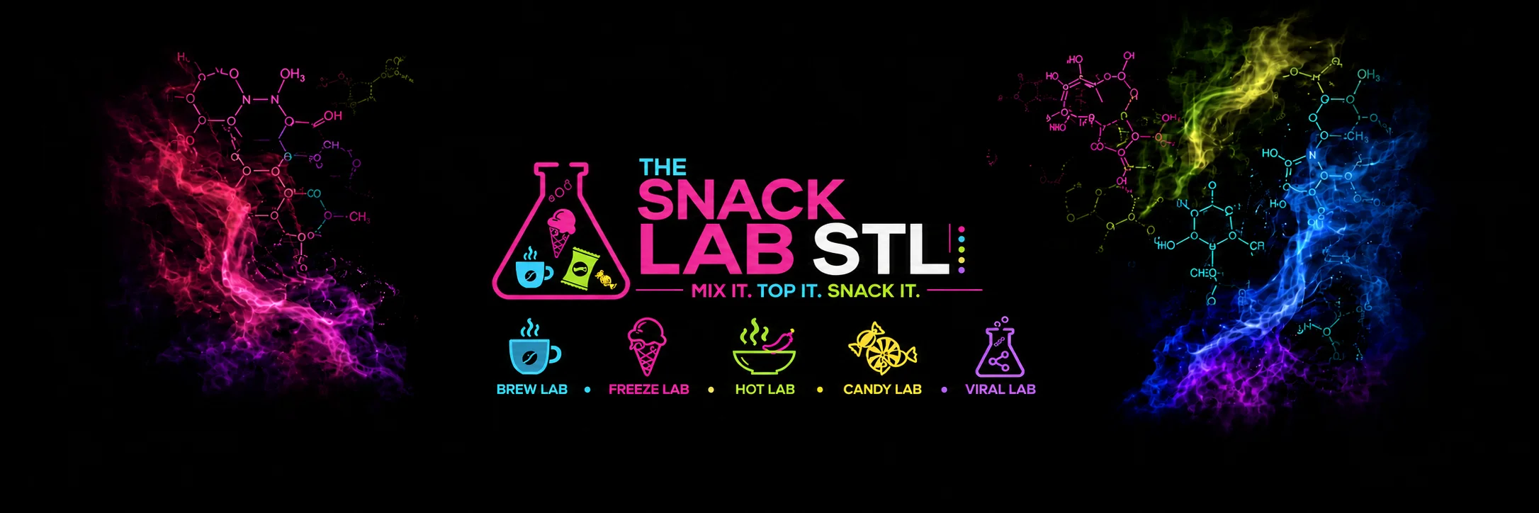 Colorful logo design for The Snack Lab STL with vibrant lab-themed graphics