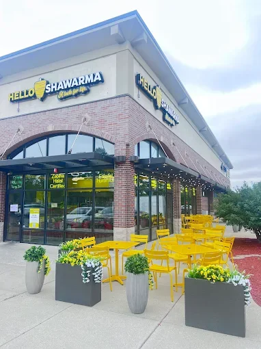 Exterior view of Hello Shawarma restaurant with outdoor seating