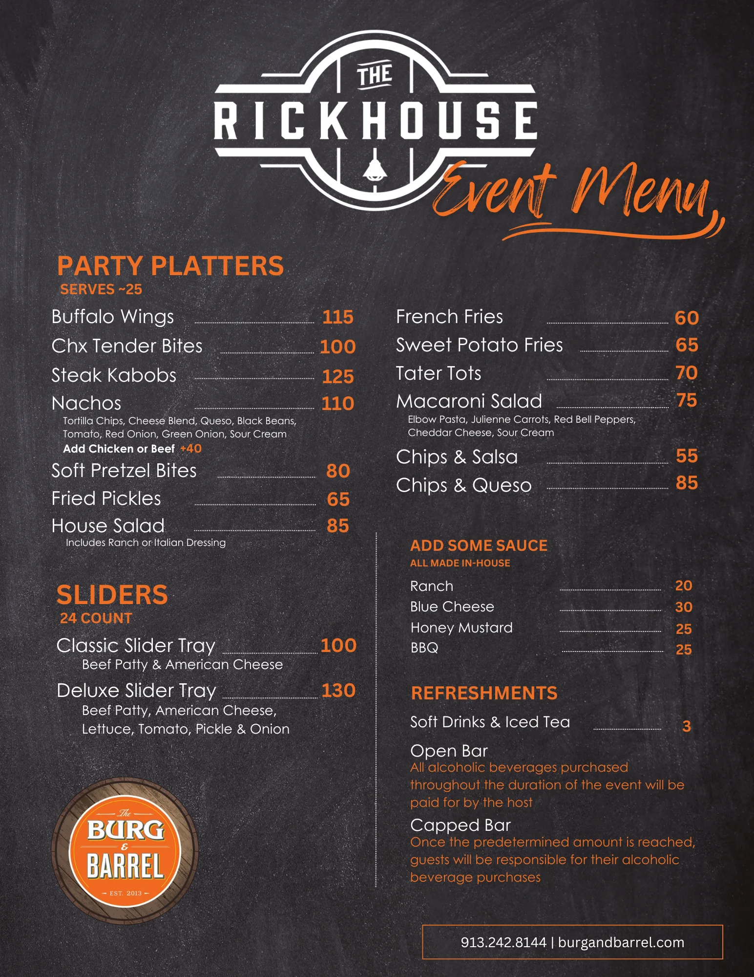 Event menu featuring party platters and sliders