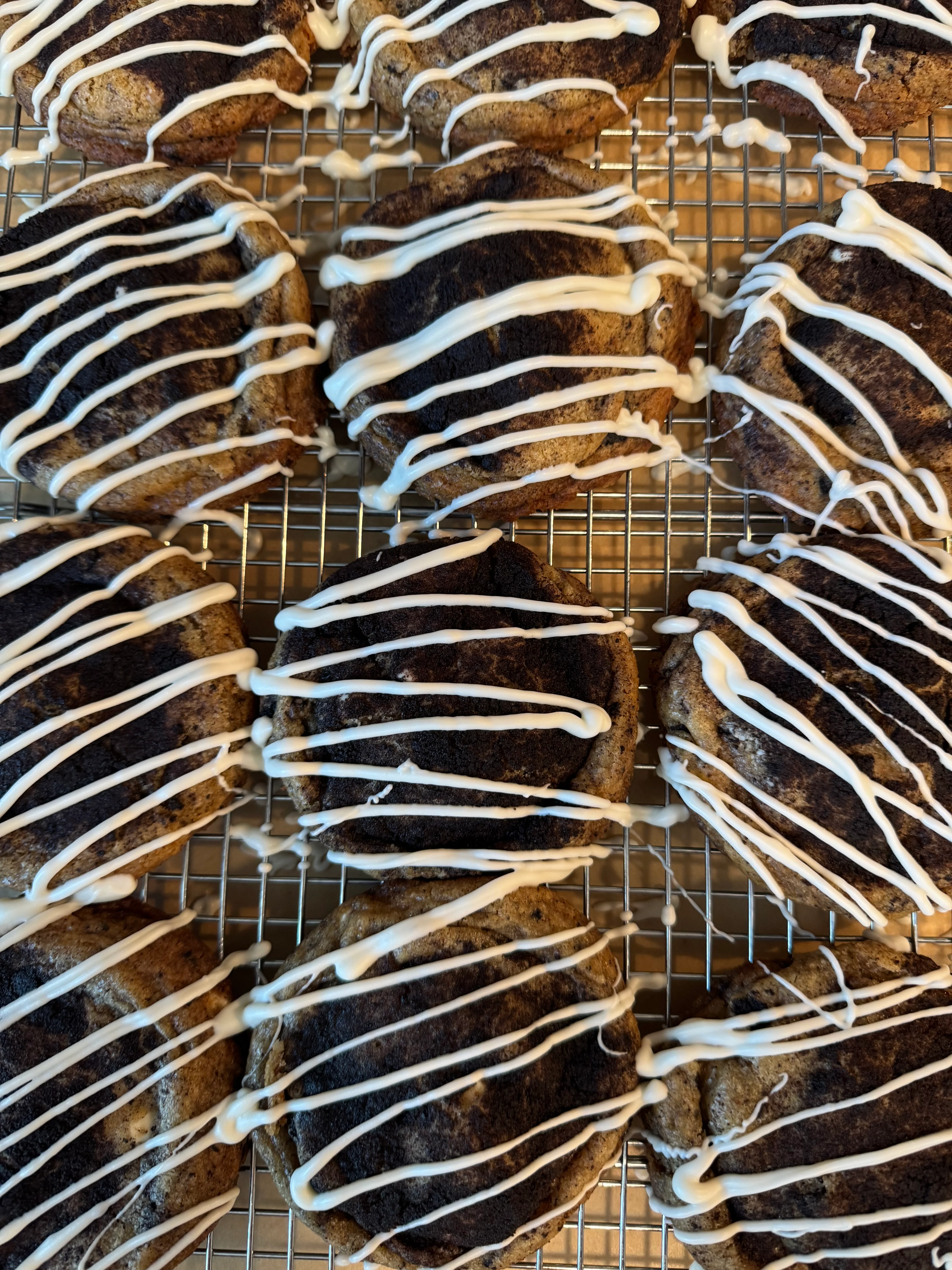Decadent cookies with Oreo filling and white drizzle