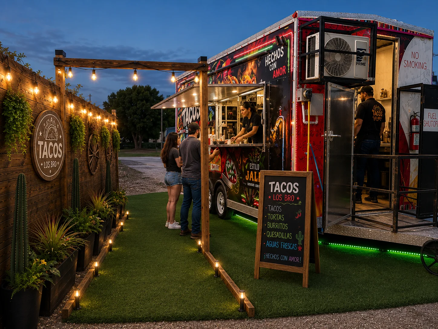 Colorful taco truck serving authentic Mexican tacos at dusk