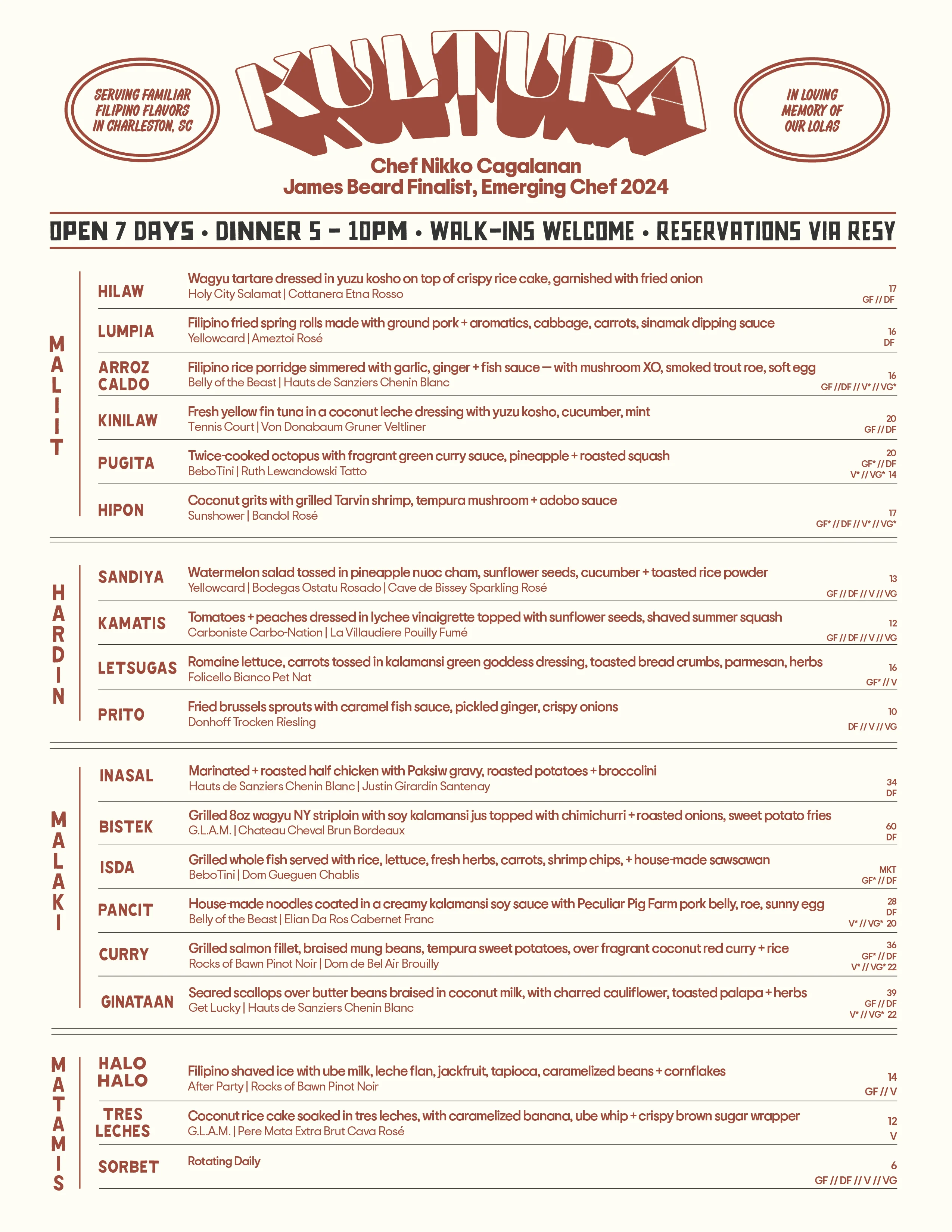 Kultura Charleston Menu