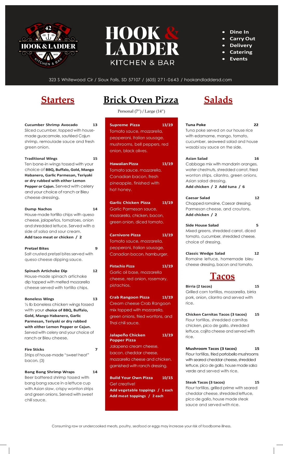Menu of Hook & Ladder Kitchen featuring diverse American dishes
