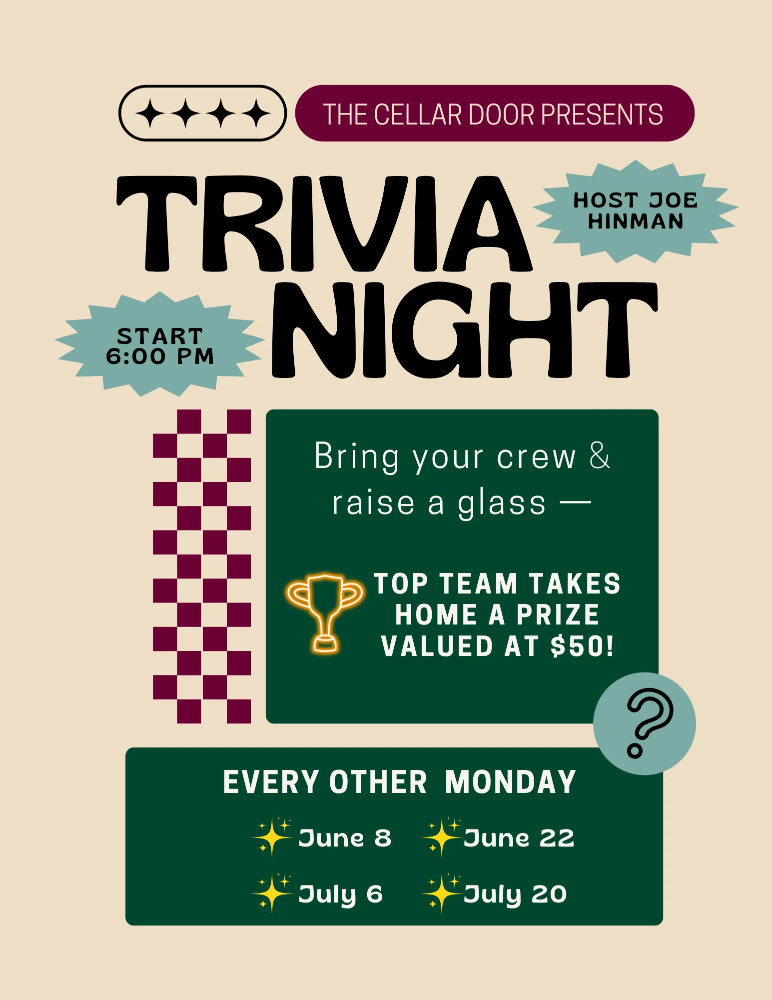 Trivia night event poster at The Cellar Door