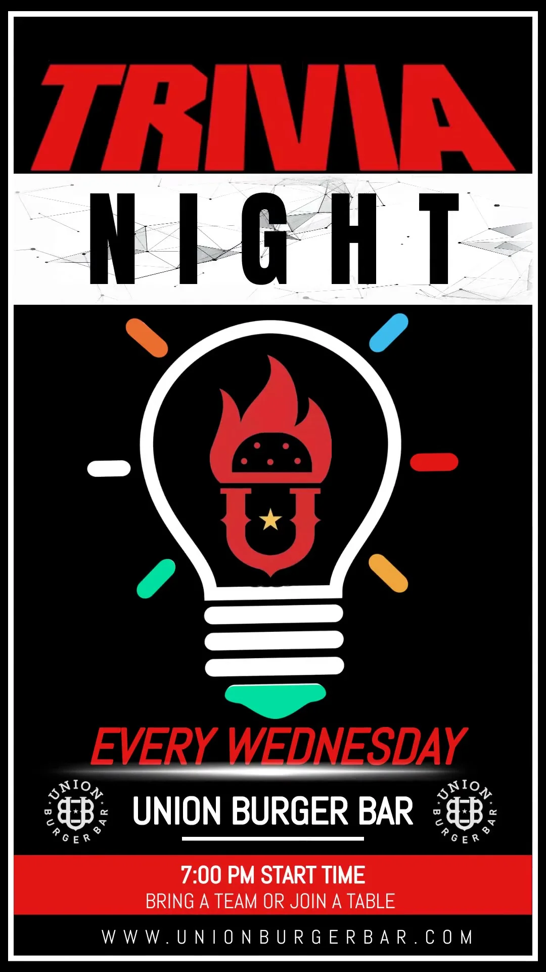 Trivia night event poster at Union Burger Bar