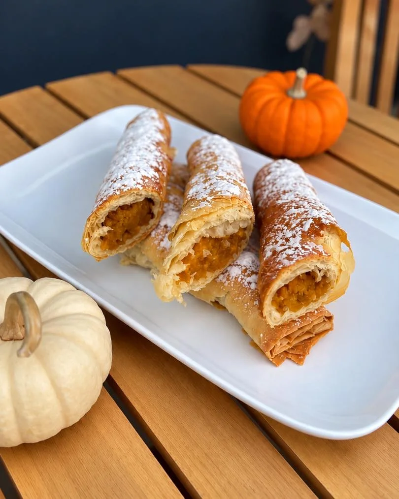 A platter of crispy, flaky pastries filled with sweet pumpkin, dusted with powdered sugar, alongside small decorative pumpkins.