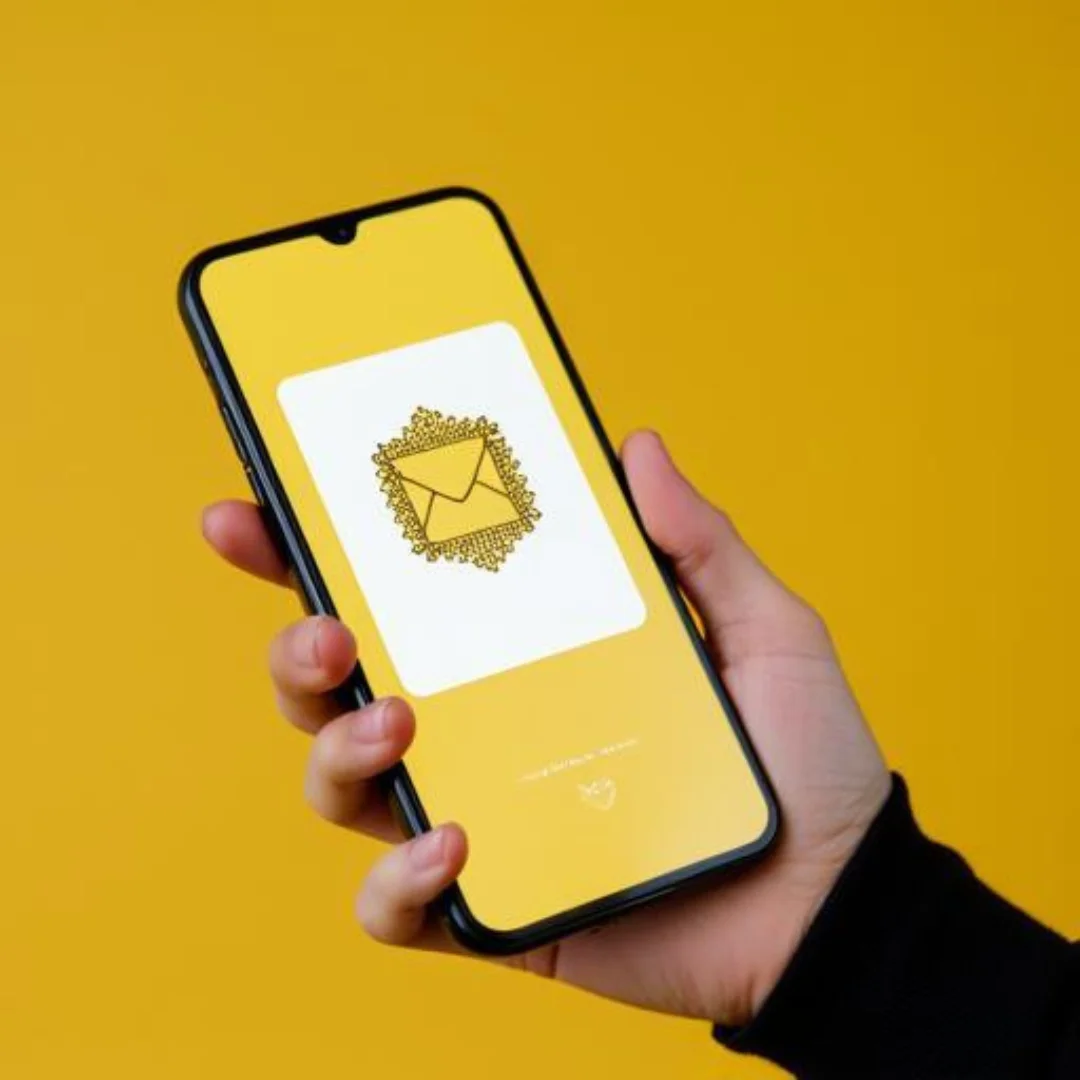 Hand holding smartphone displaying an envelope icon on yellow background