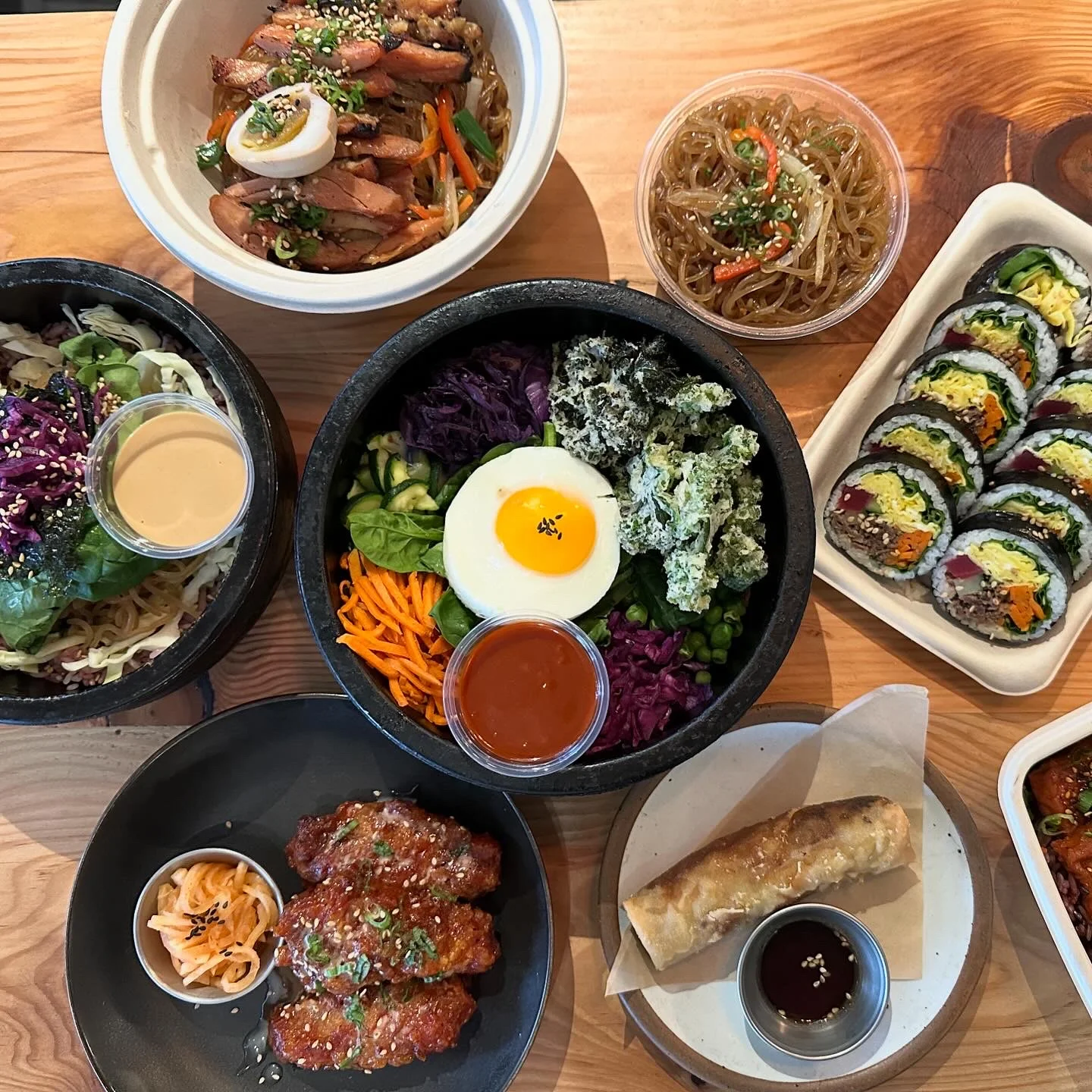 Korean bibimbap with assorted vegetables and fried egg