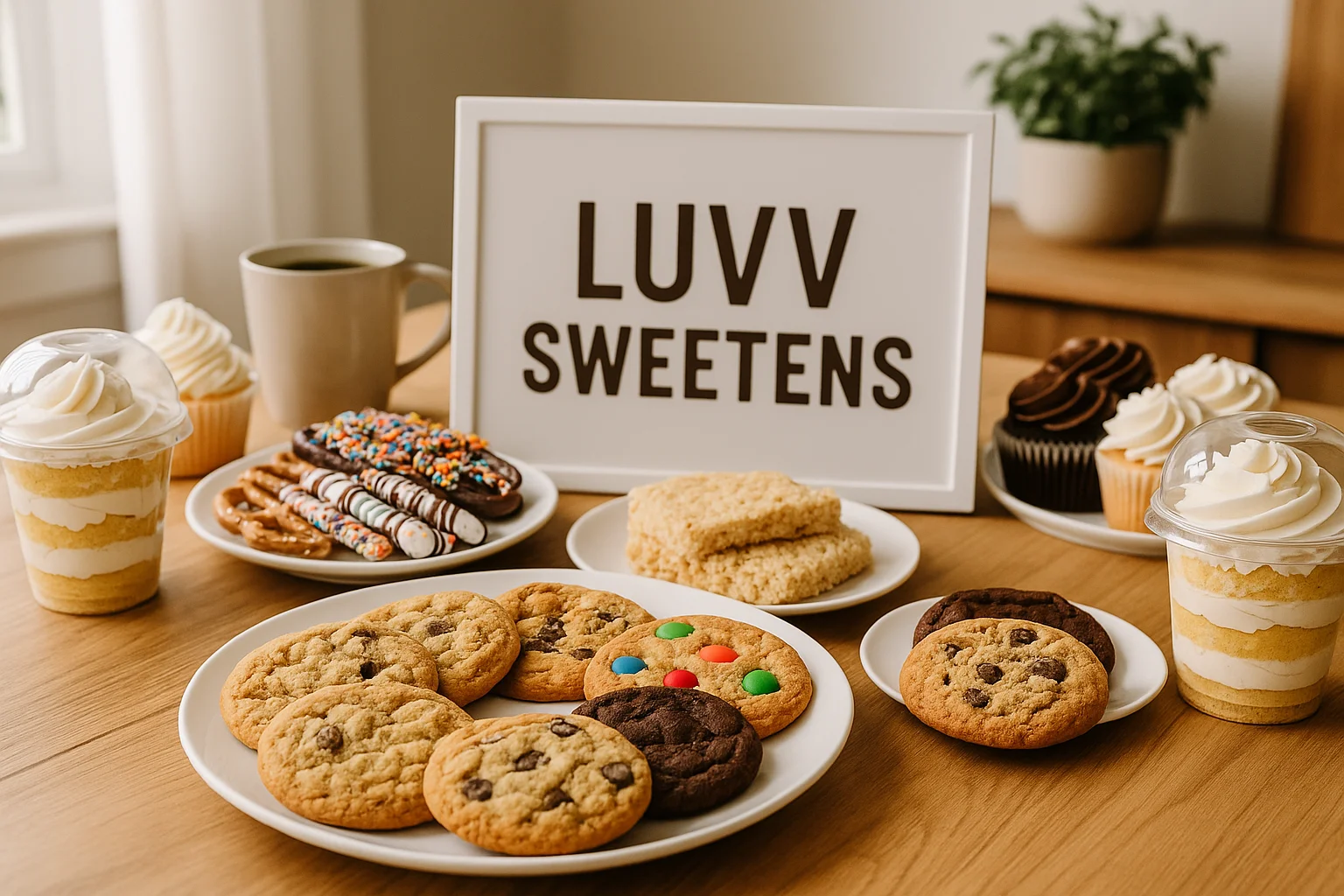 Assorted baked goods and desserts on a wooden table