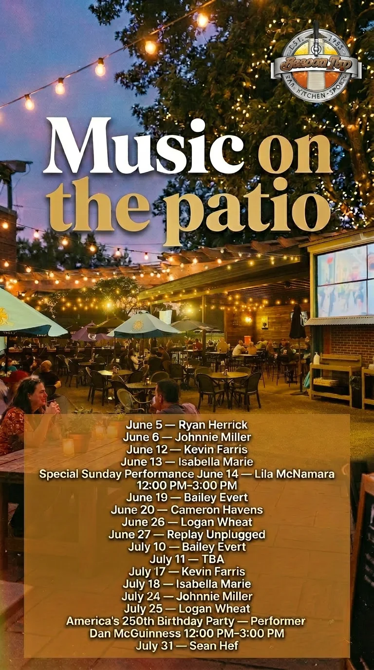 Outdoor patio with string lights and live music event schedule