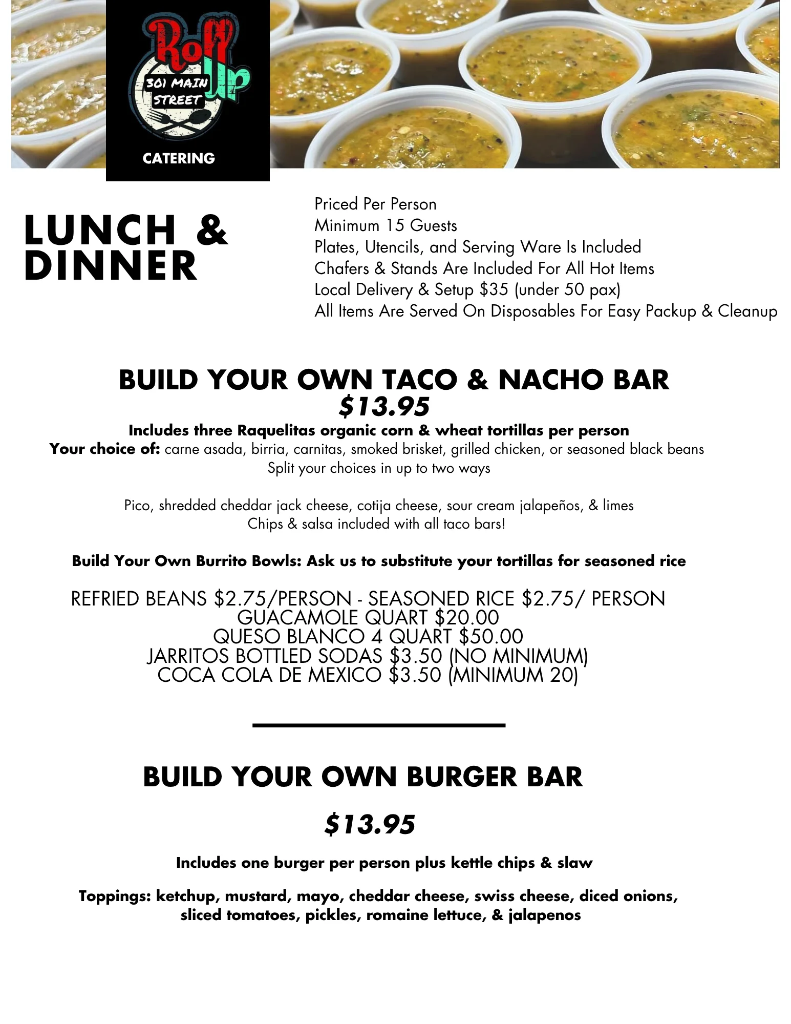 Catering menu for taco and burger bar options