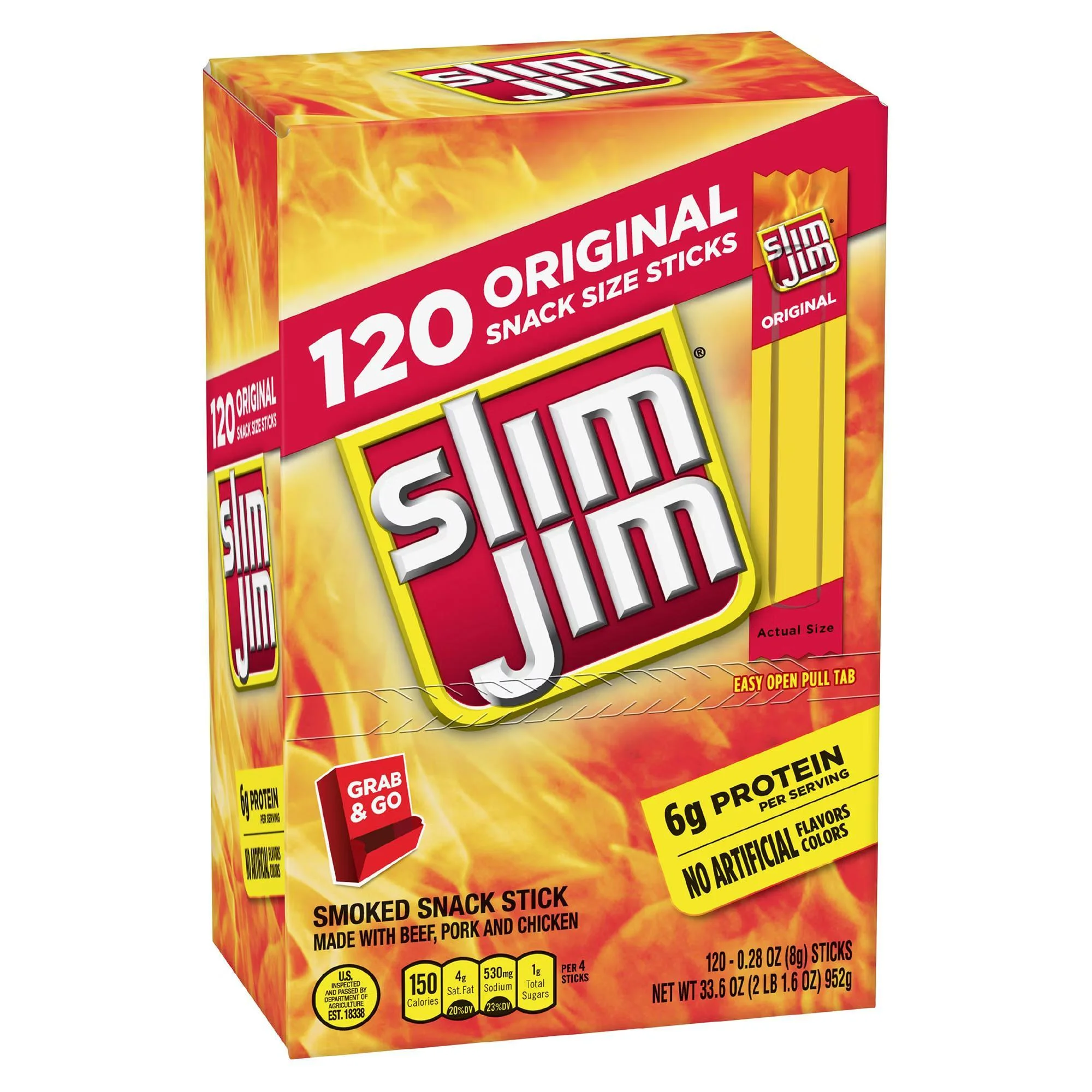 Slim Jim Smoked Jerky Snack Sticks, Original Flavor, 6g Protein Per Serving, 0.28 oz. (120-Count)