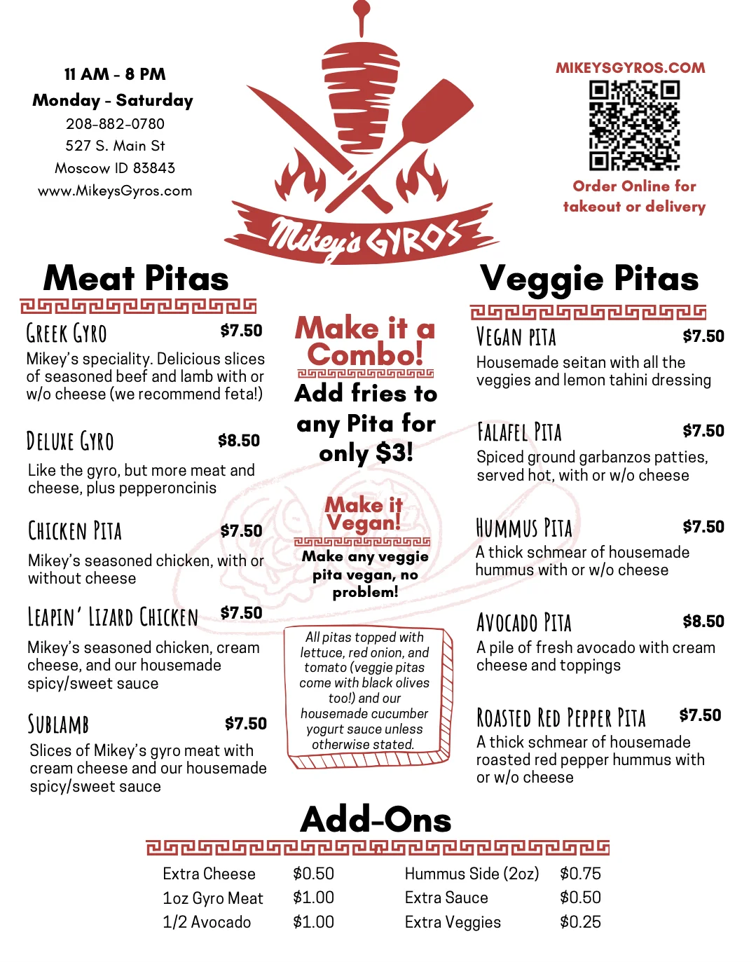 Menu for Mediterranean gyros and pitas at Mikey's Gyros restaurant