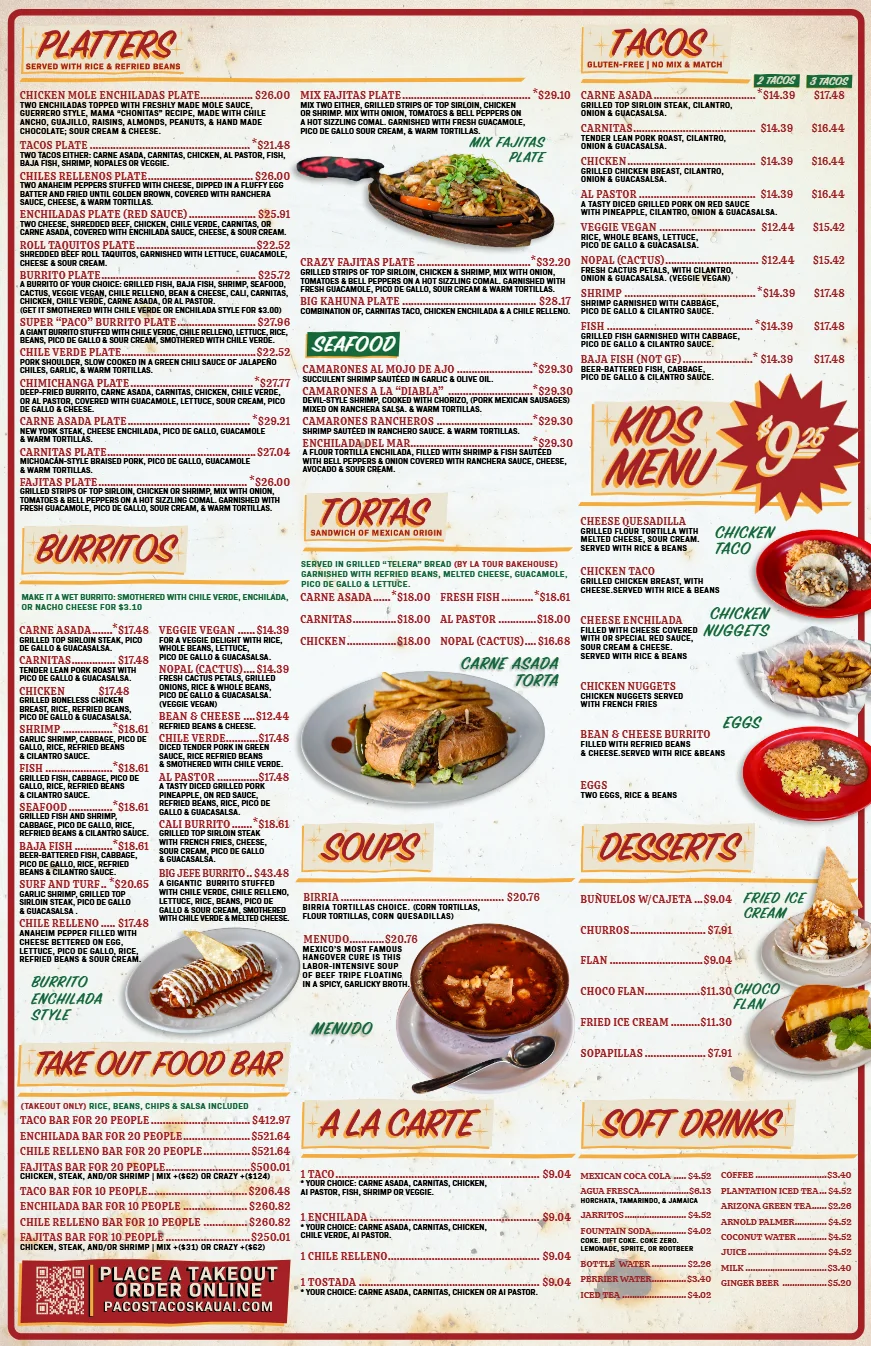 Mexican menu featuring tacos, burritos, and enchiladas