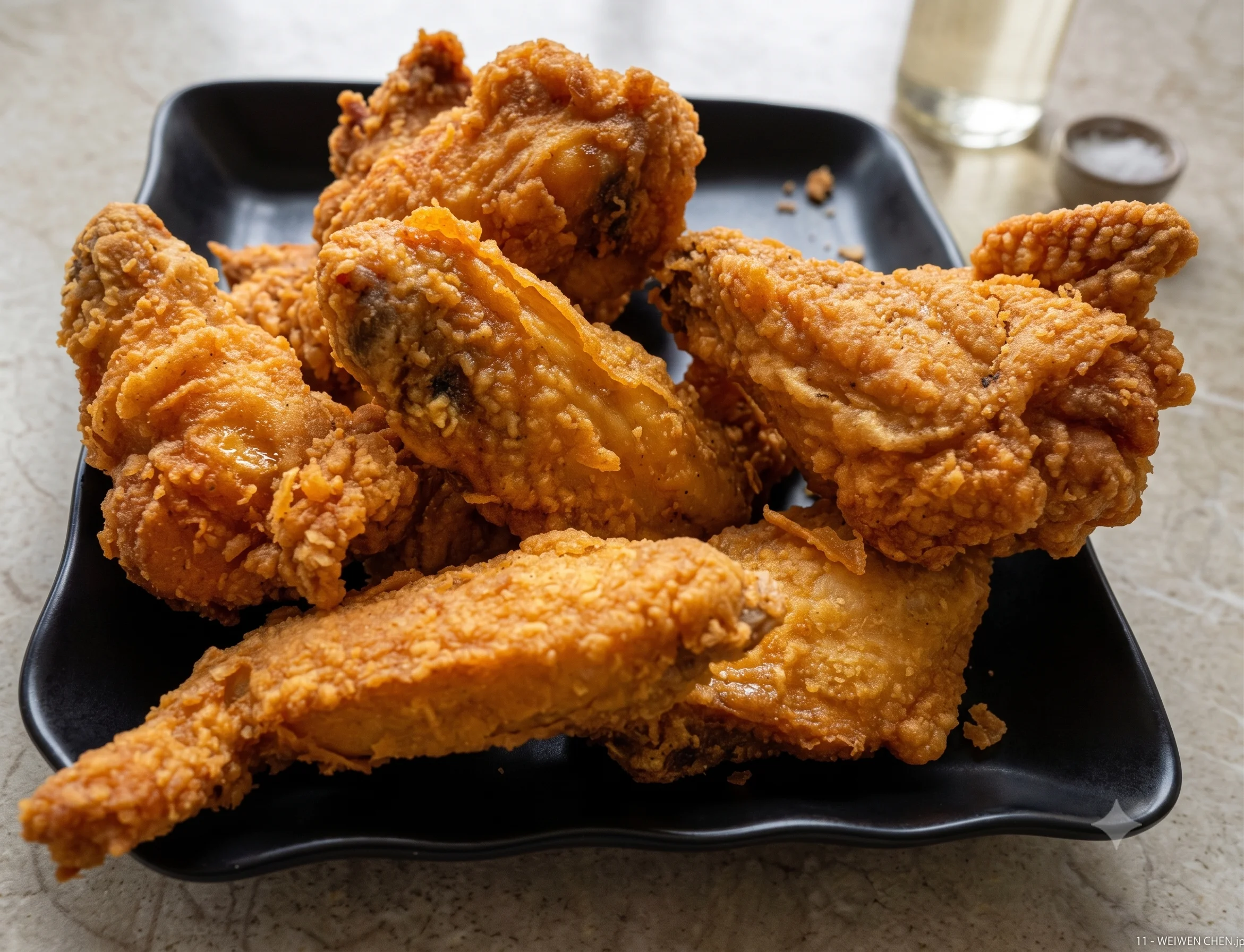 Crispy Southern fried chicken wings on a black plate