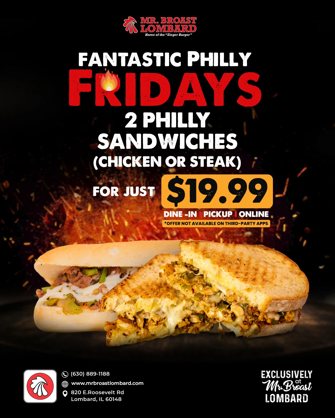 Two Philly sandwiches with chicken and steak on a fiery background.