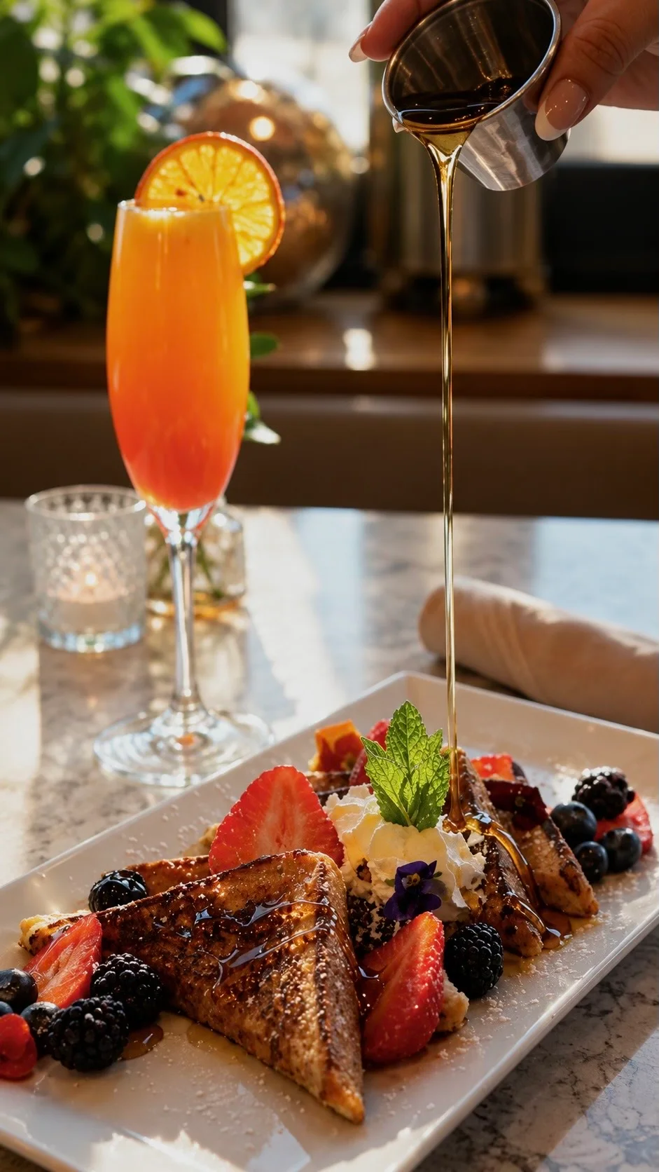 French toast with berries and syrup in a cozy restaurant setting