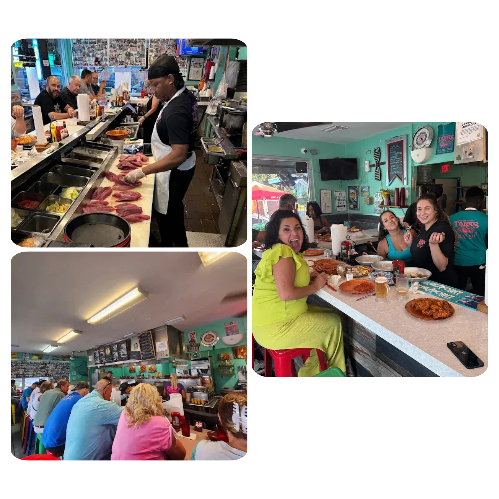 Guests enjoying fresh seafood while chefs prepare meals at Tarks of Dania in Dania Beach, Florida