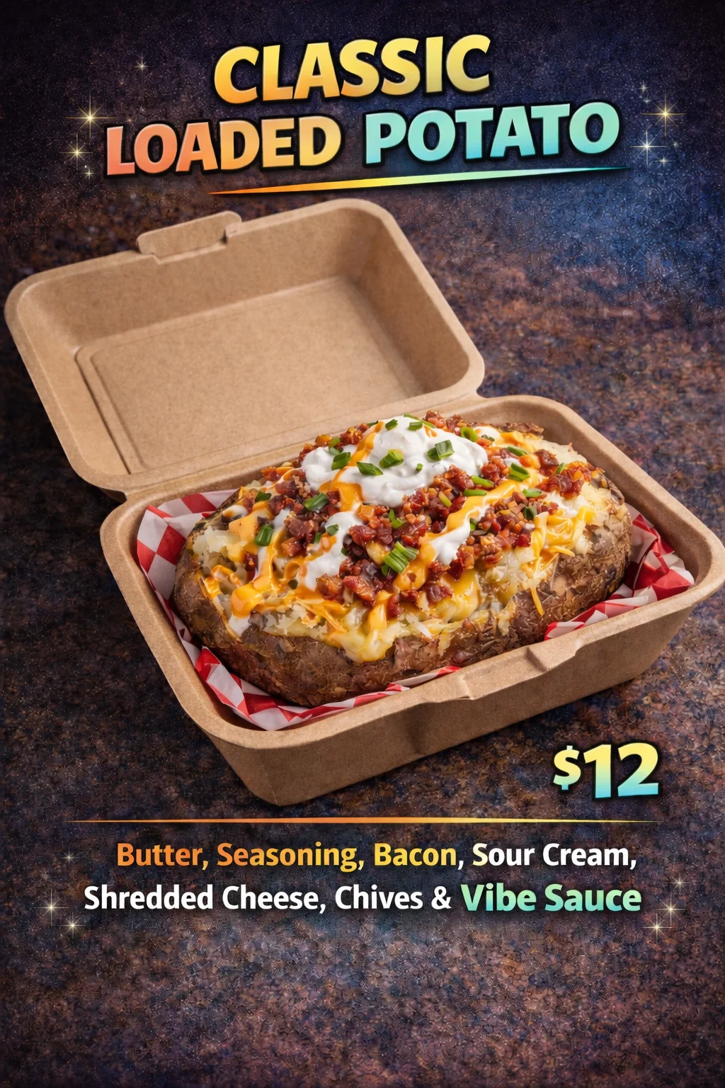 A loaded baked potato topped with butter, bacon, sour cream, shredded cheese, chives, and a drizzle of sauce. It is displayed in a takeout container.