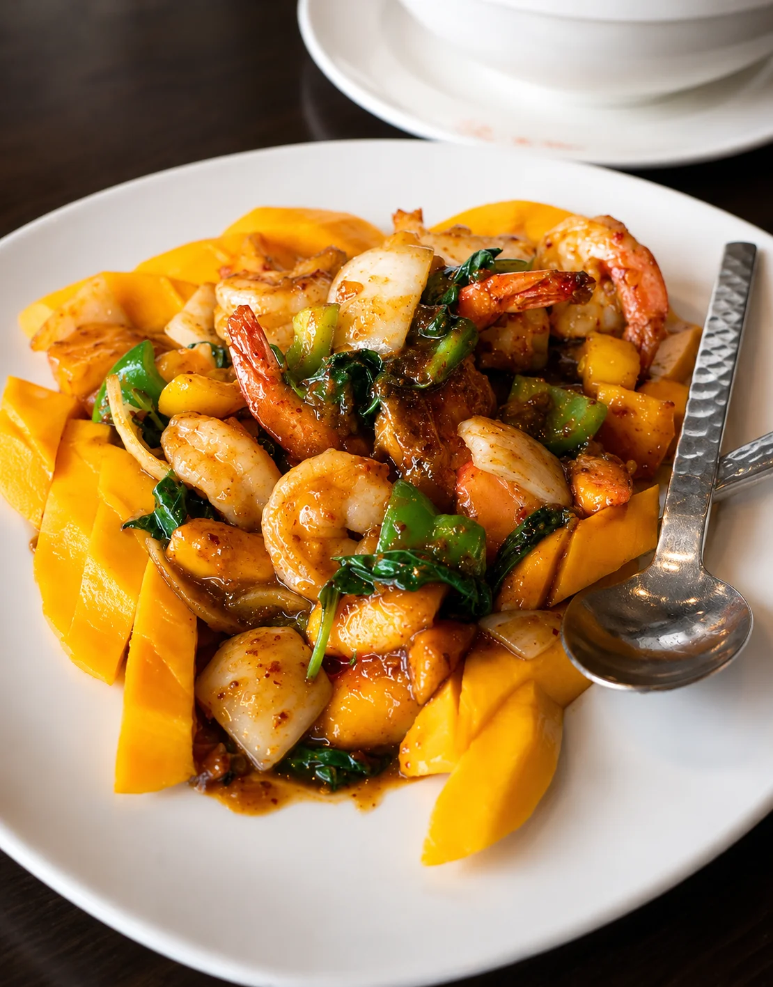 Thai shrimp stir-fry with mango and vegetables