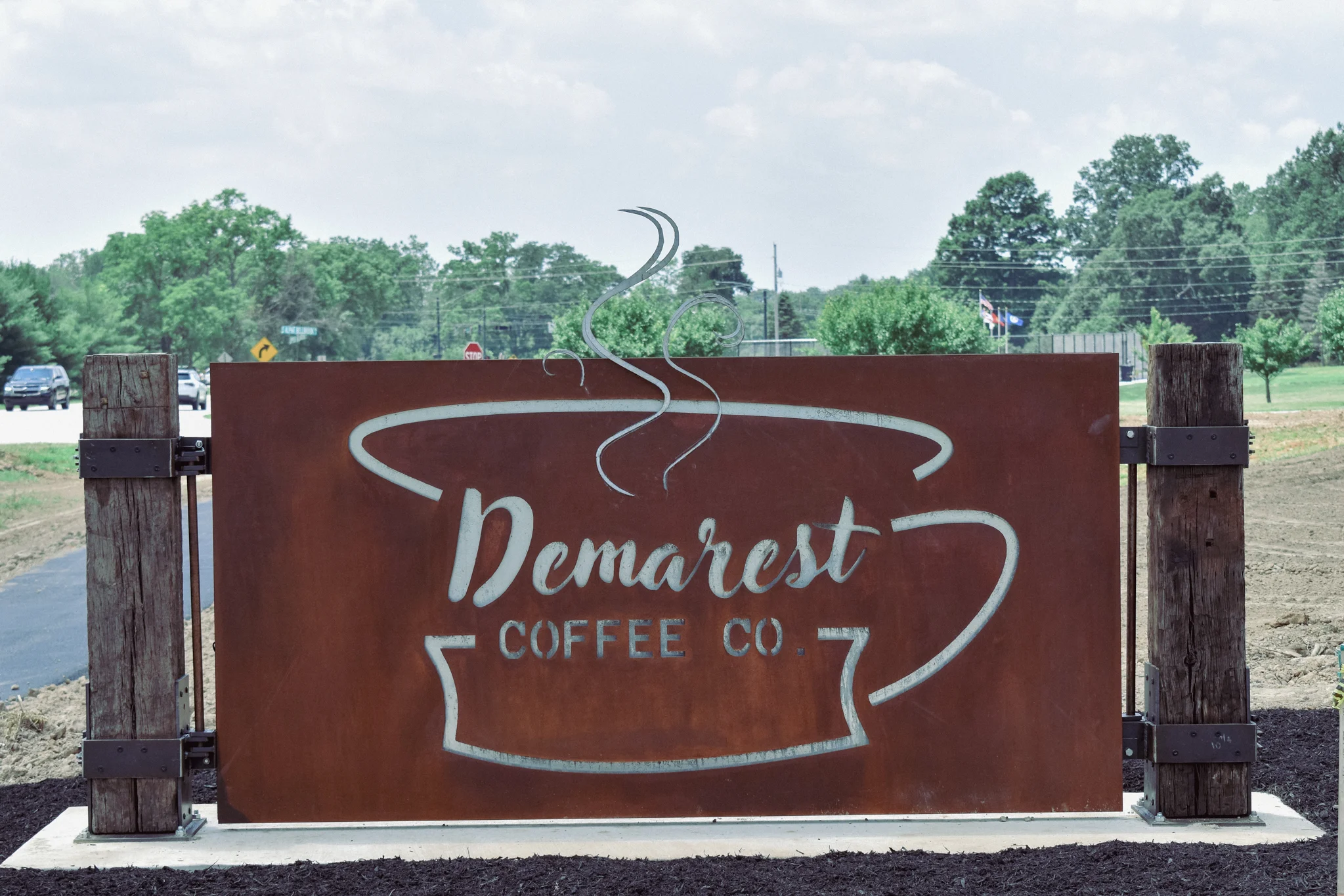 Sign for Demarest Coffee Co. with rustic design