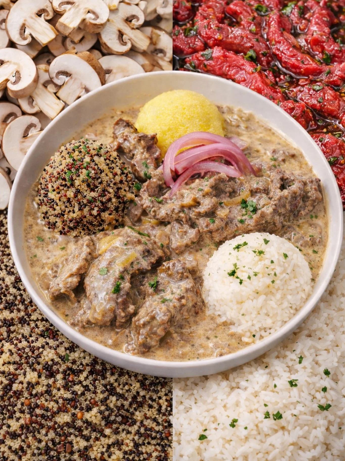 A bowl of savory beef stew served with two types of rice and quinoa, garnished with herbs.