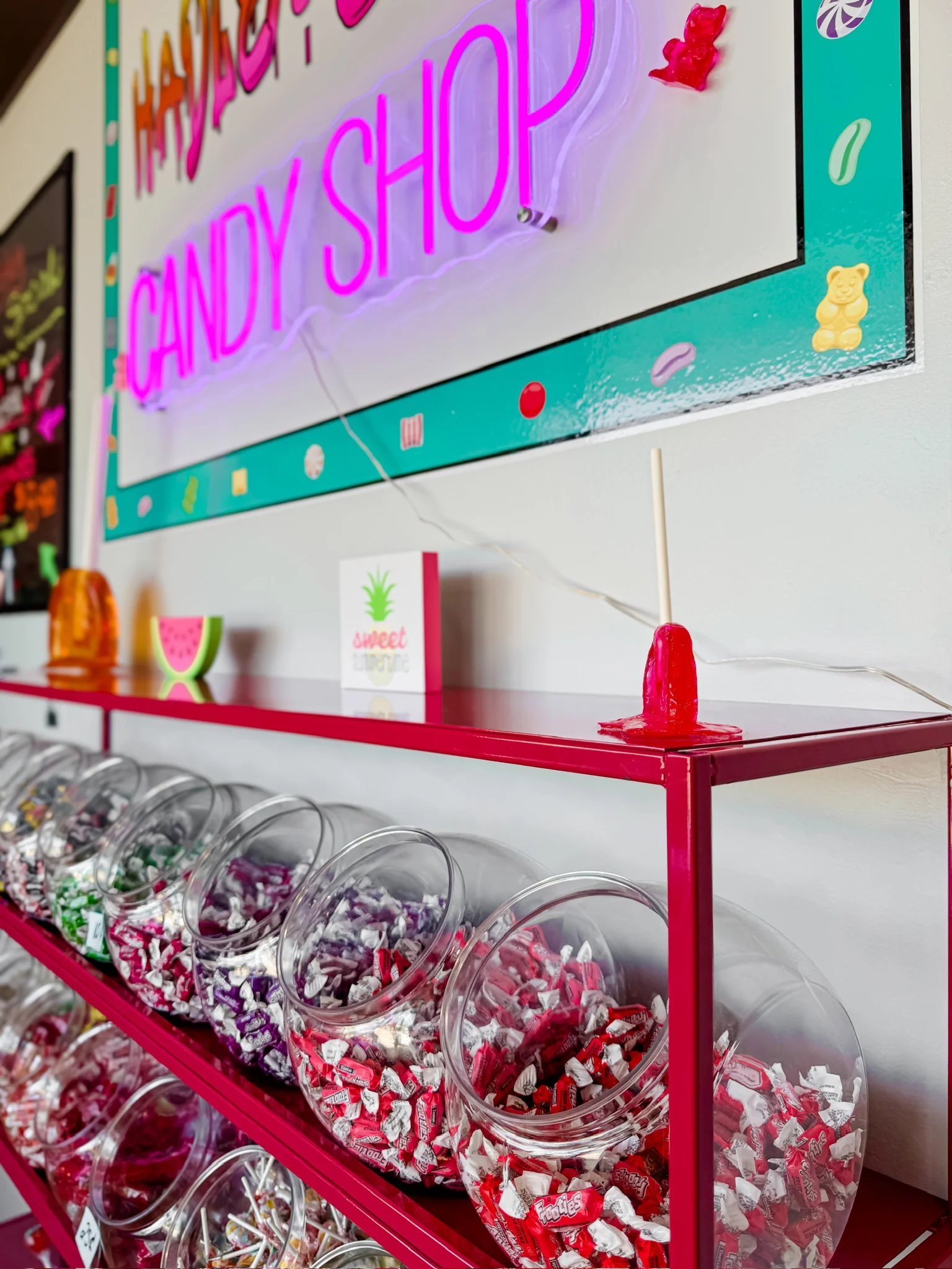 Colorful candy display in a vibrant candy shop