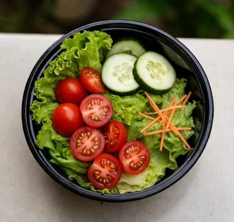 Fresh salad with lettuce, cherry tomatoes, cucumber, and carrot strips.