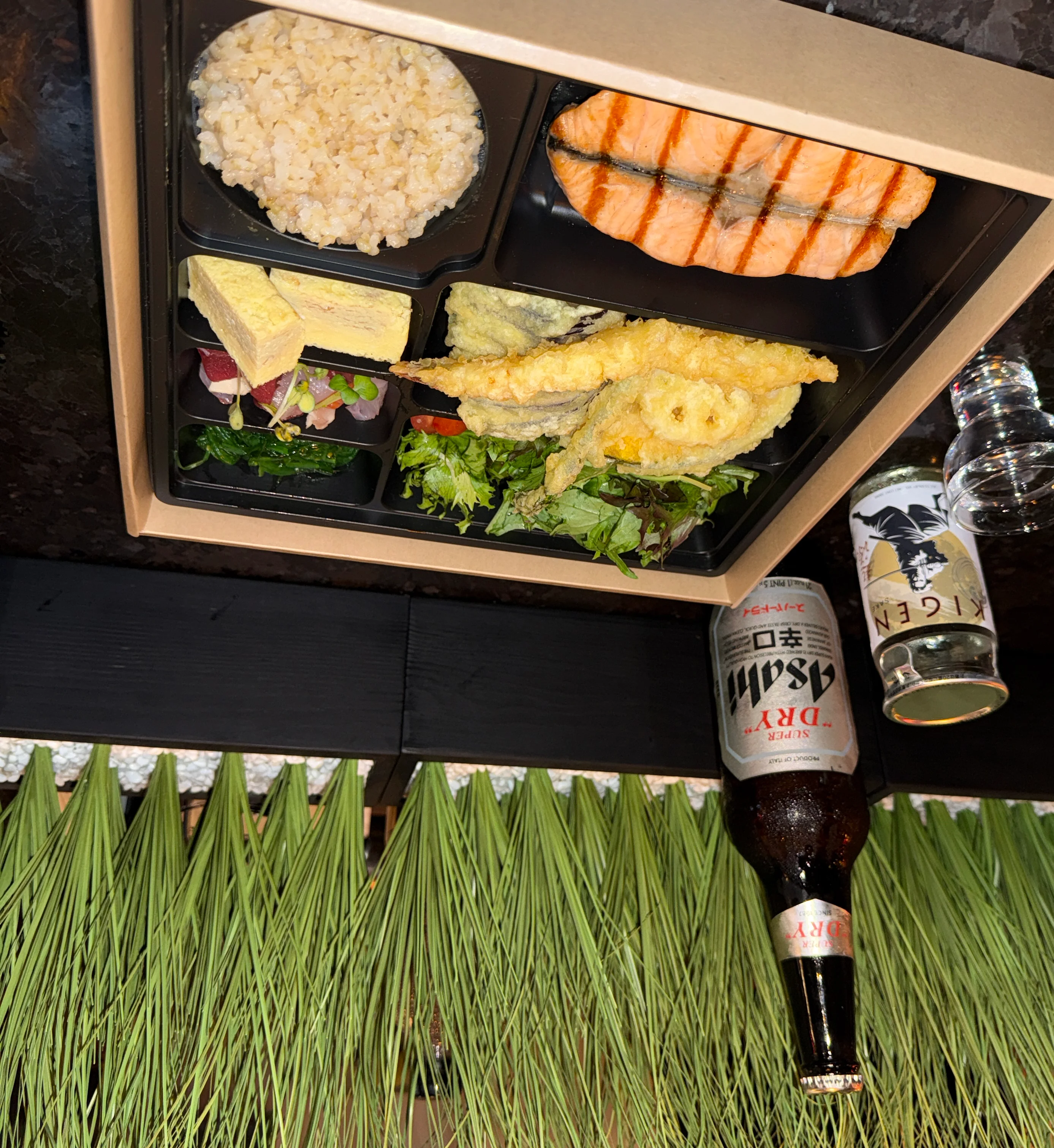NOIR Signature Box lunch set with grilled salmon, tempura, rice, and sides in Gaslamp San Diego
