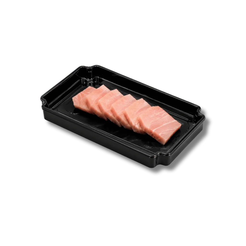Sliced salmon fillets arranged in a black plastic tray.