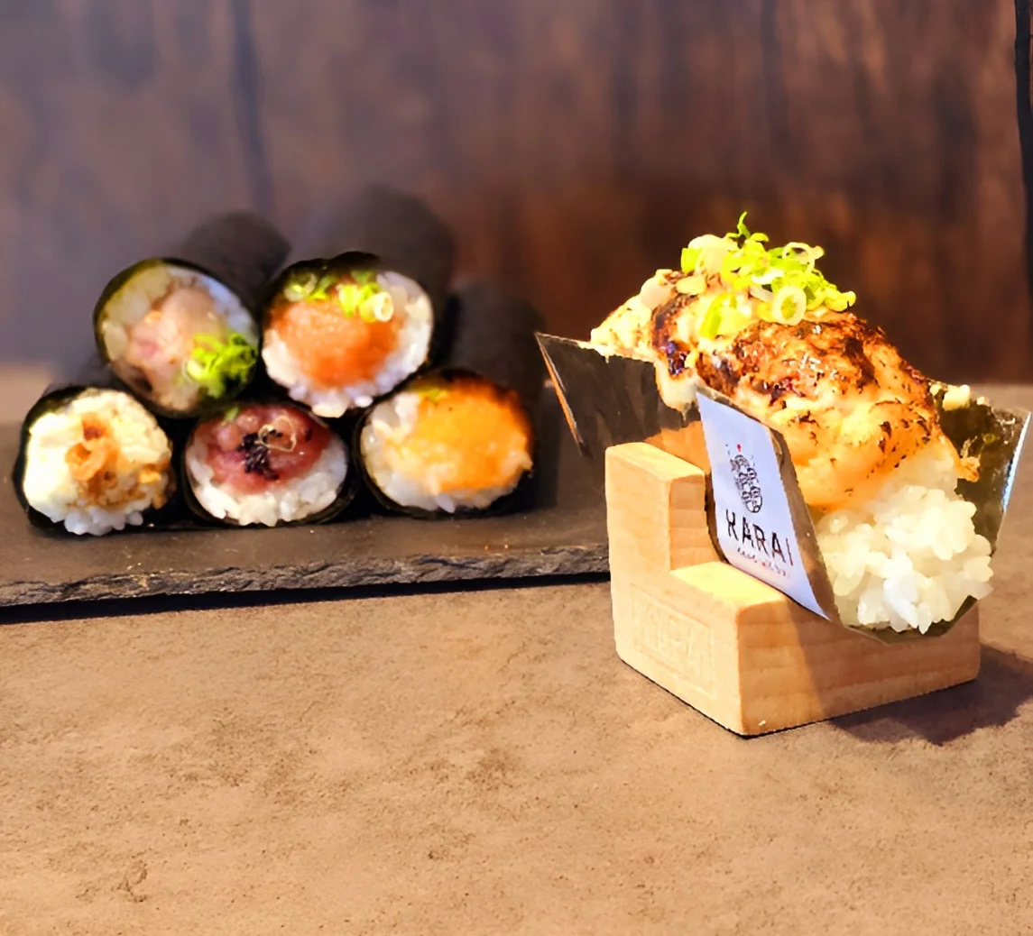 Japanese sushi rolls and grilled nigiri served elegantly