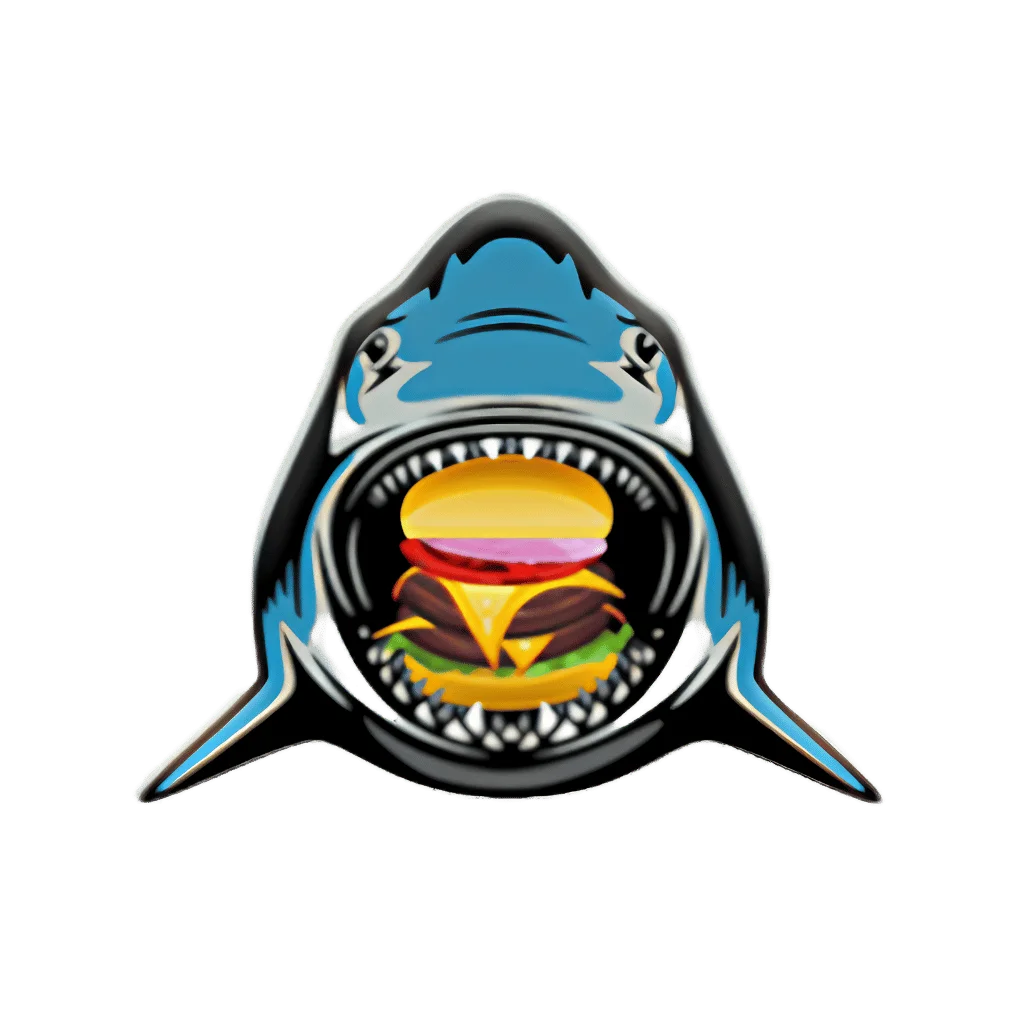 Cartoon shark with a burger in its mouth, playful food logo design
