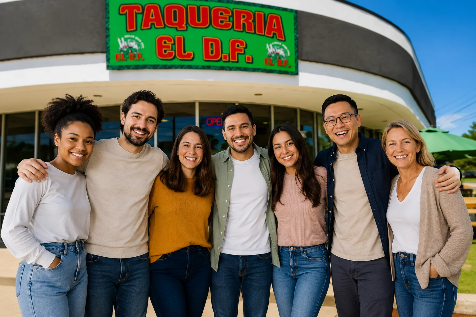 Group of friends outside Taqueria El D.F. smiling together