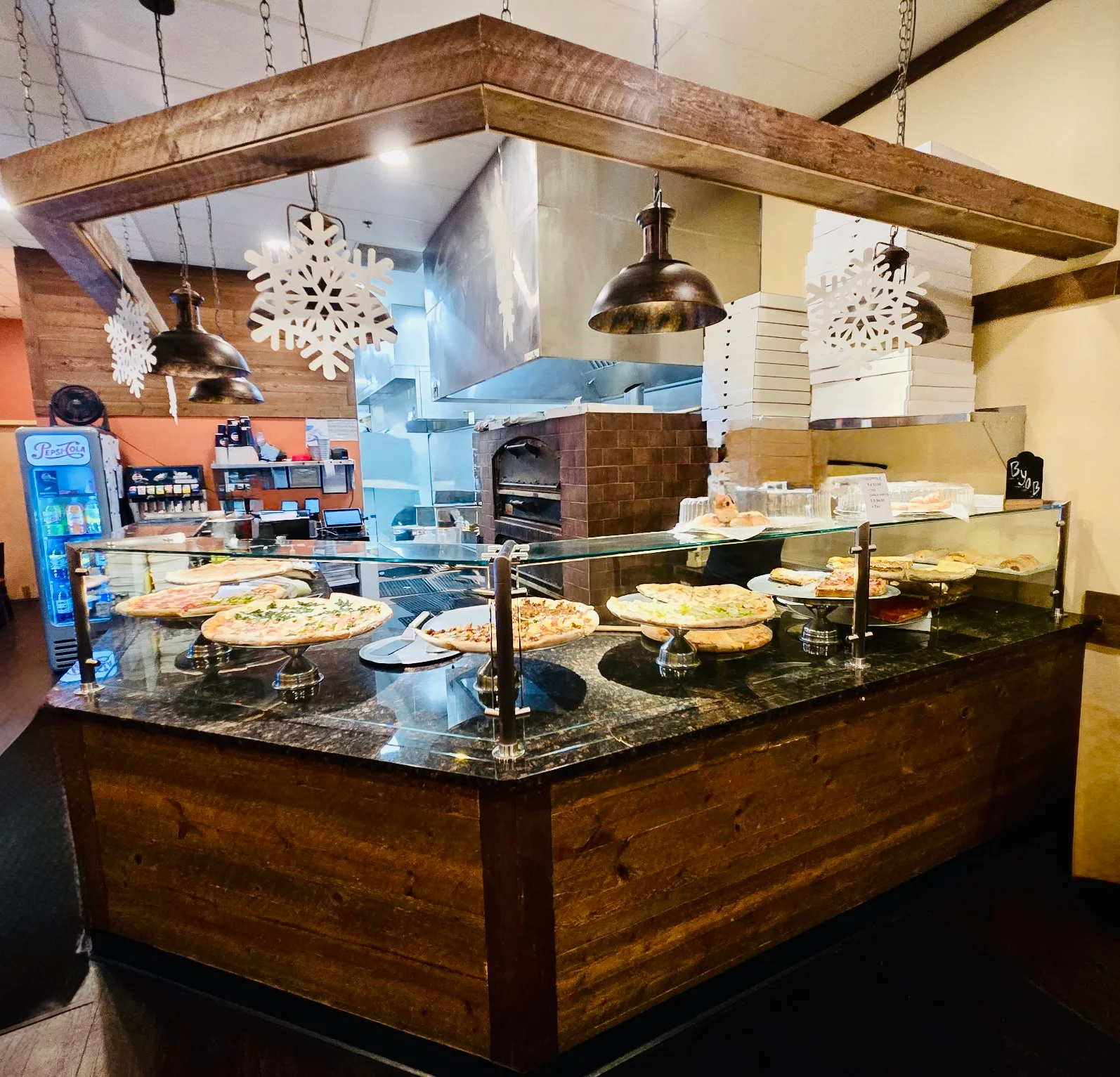 A variety of pizza displayed