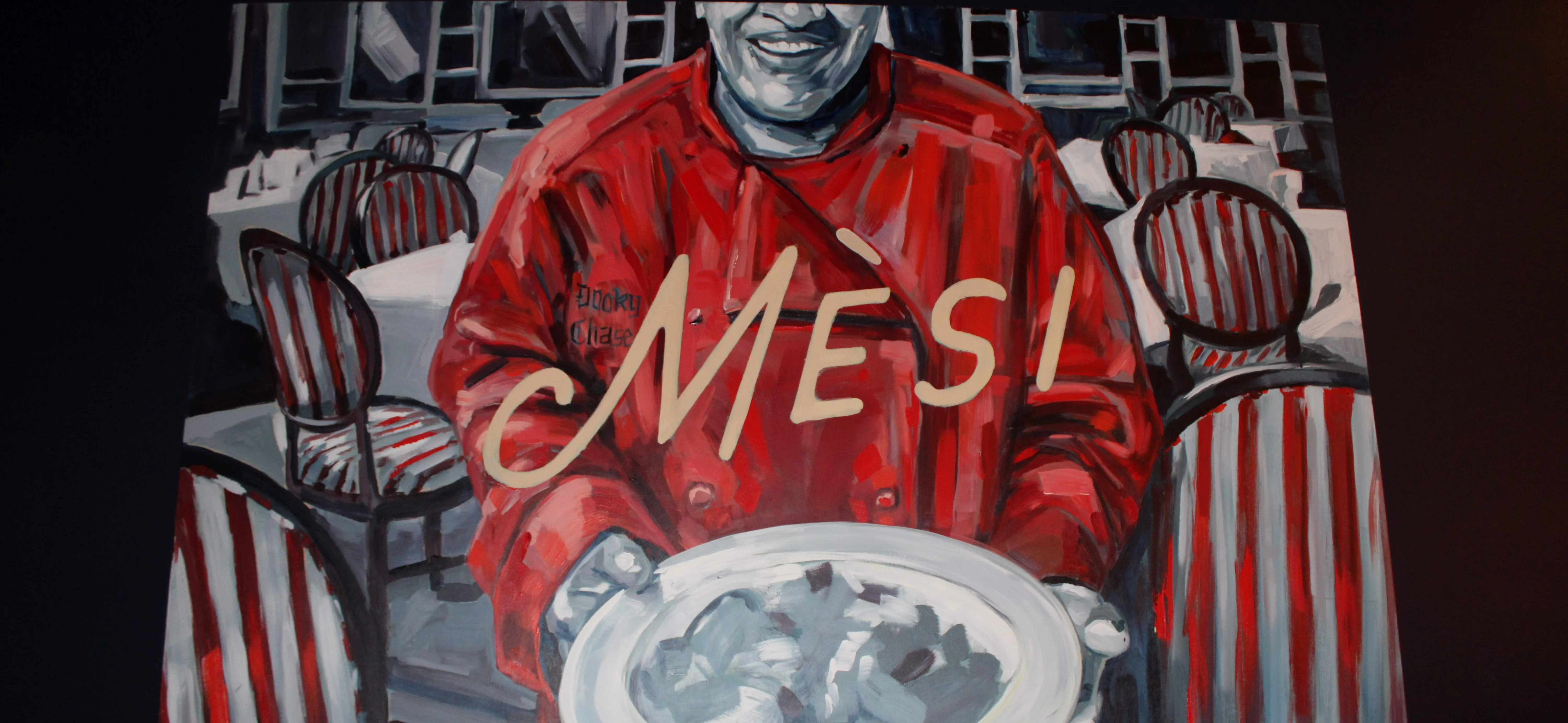 Colorful mural of a chef presenting a dish in a restaurant