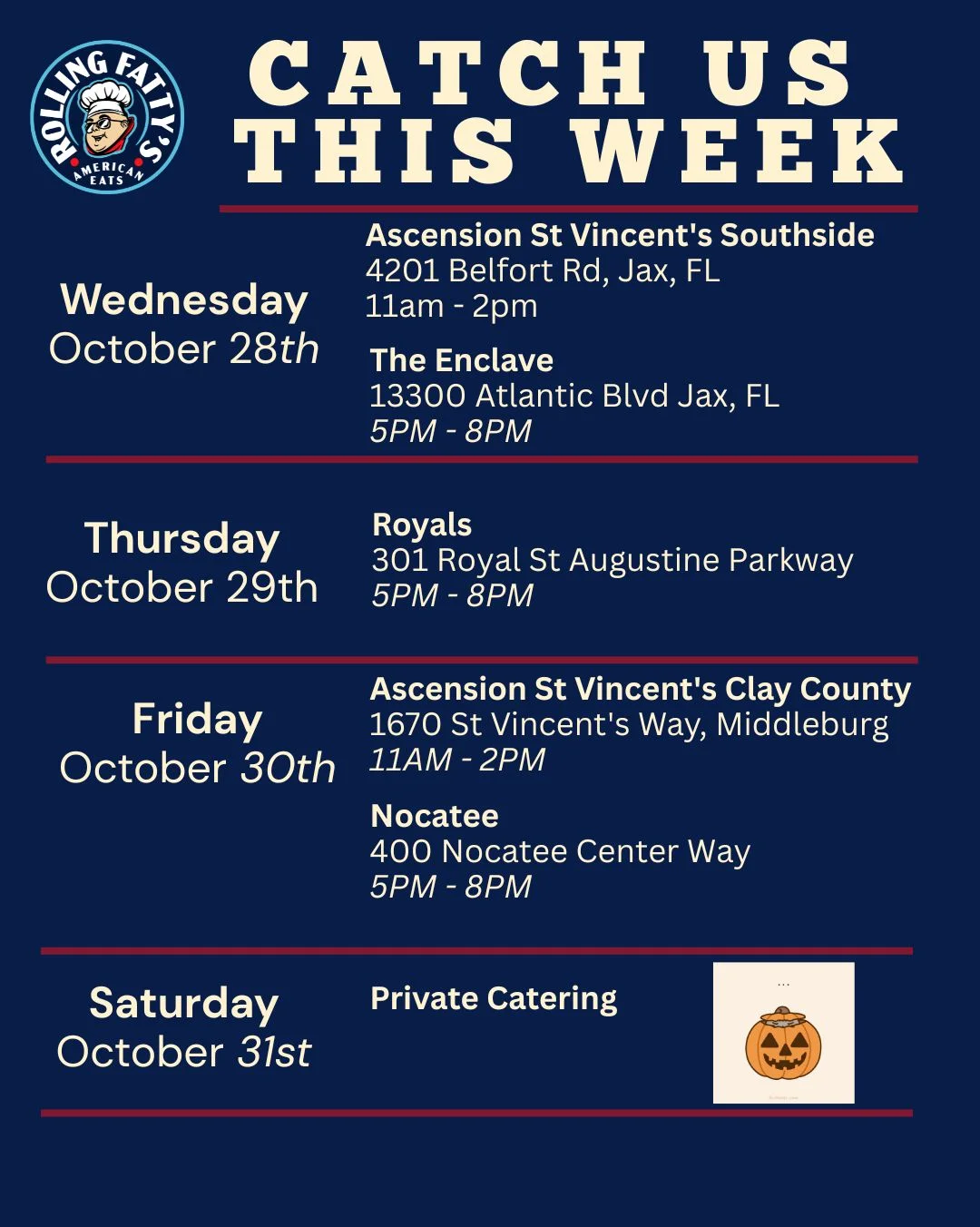 Rolling Fatty's food truck weekly schedule for June events