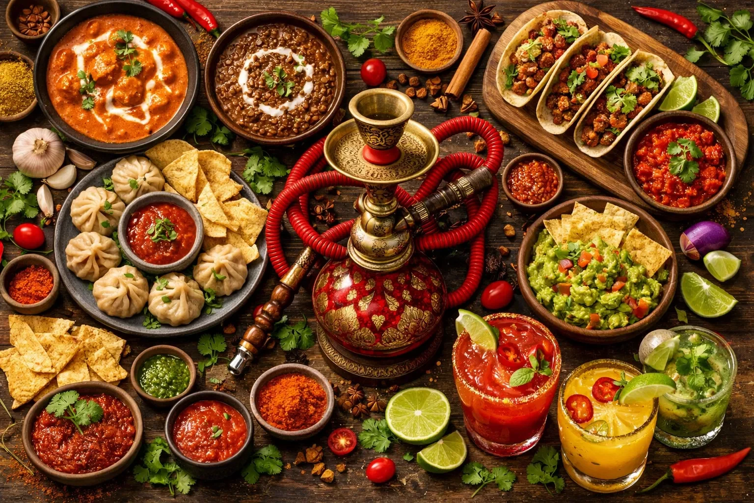 Colorful Indian and Mexican fusion feast with hookah