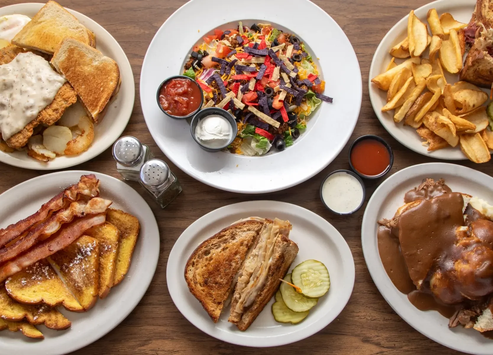 Classic American diner breakfast platter with various dishes
