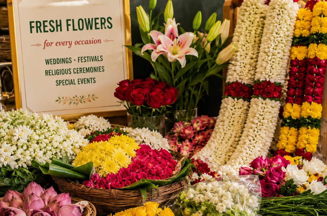 Vibrant display of fresh flowers for weddings and events