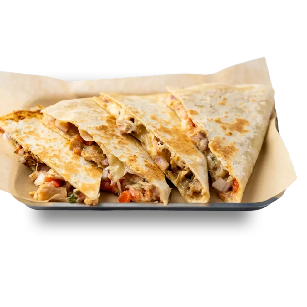 Four triangular slices of golden-brown cheese quesadillas served in a container next to a small cup of sour cream or white sauce.