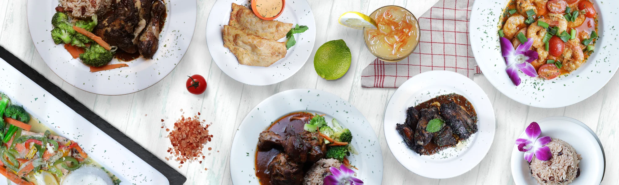 Caribbean jerk chicken with rice and vegetables