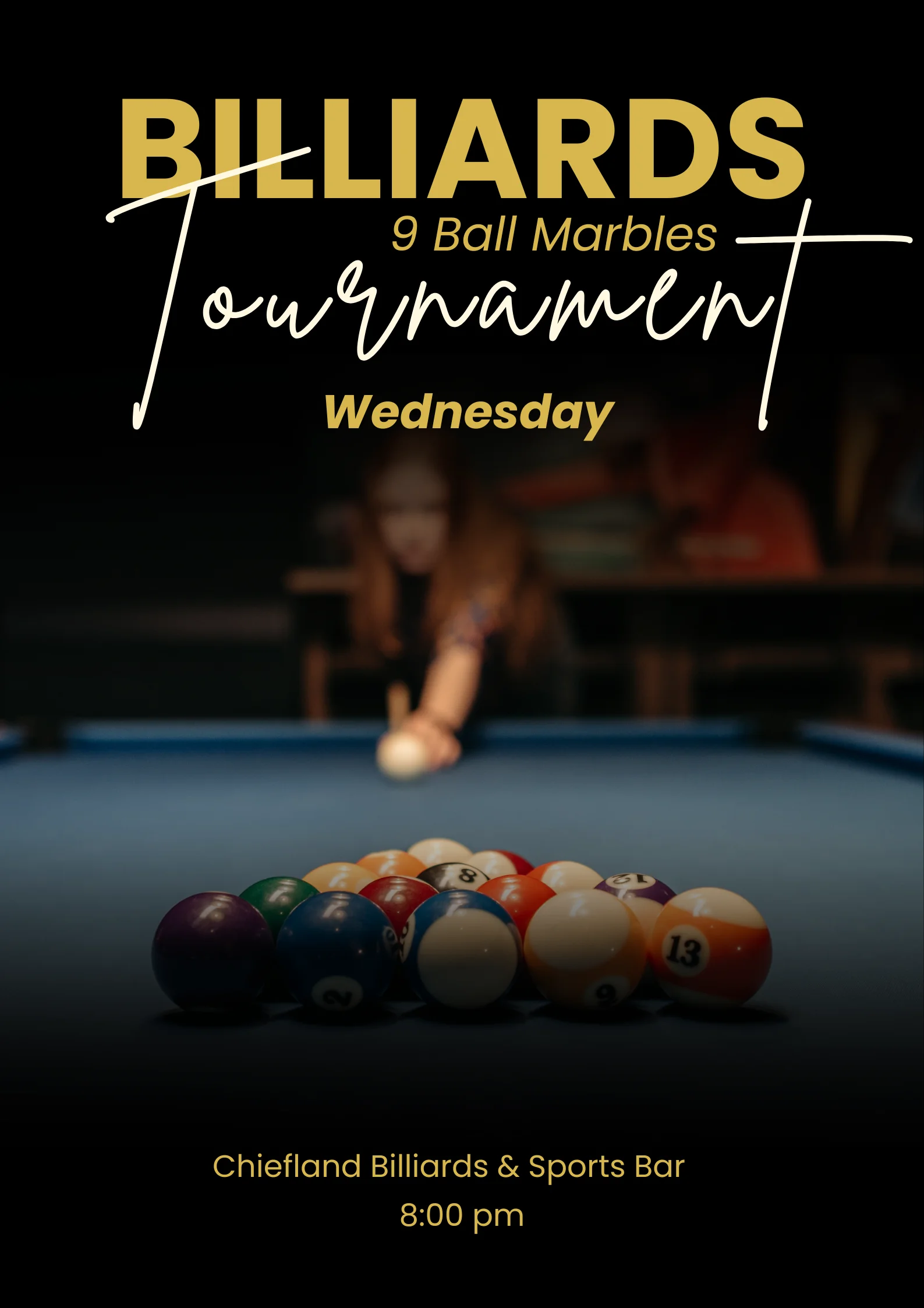Billiards tournament announcement at Chiefland Billiards & Sports Bar