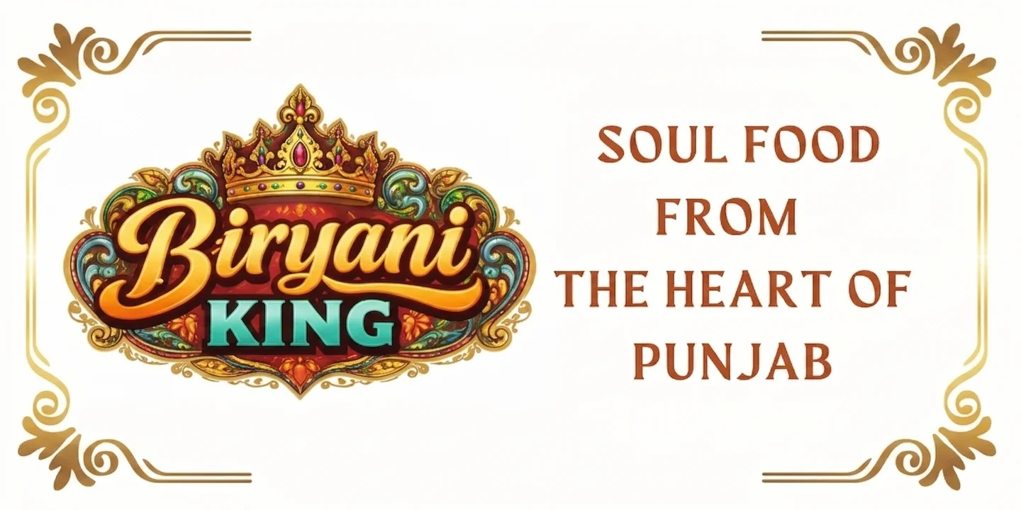 A decorative logo featuring the words 'Biryani King' with intricate designs and a crown above.