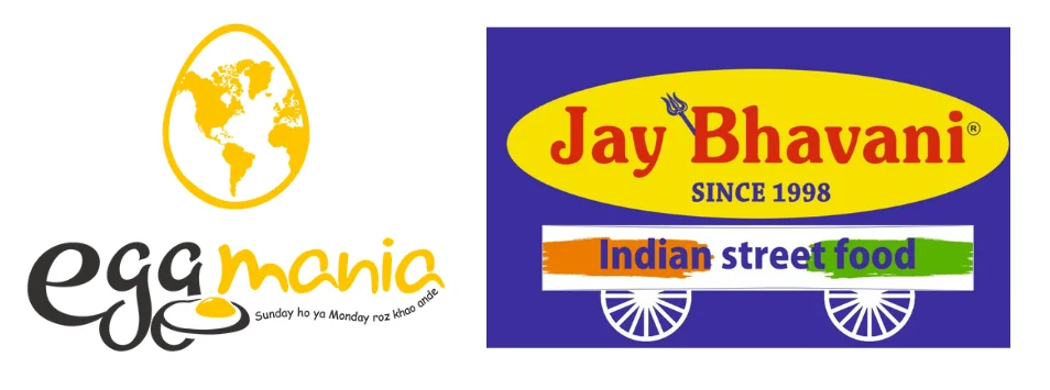 Logos of Eggmania and Jay Bhavani, Indian street food brands