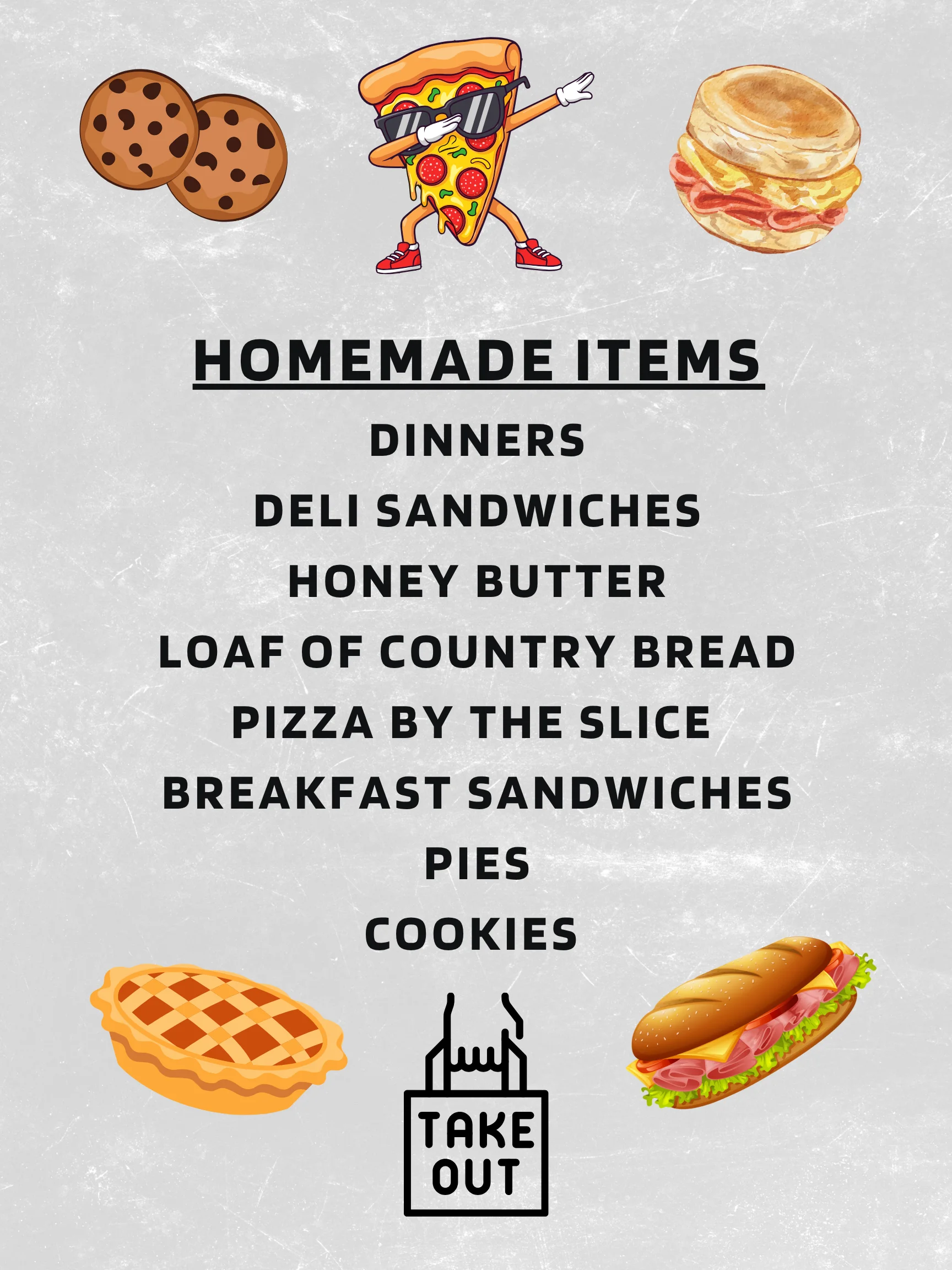 Menu of homemade comfort food items for takeout