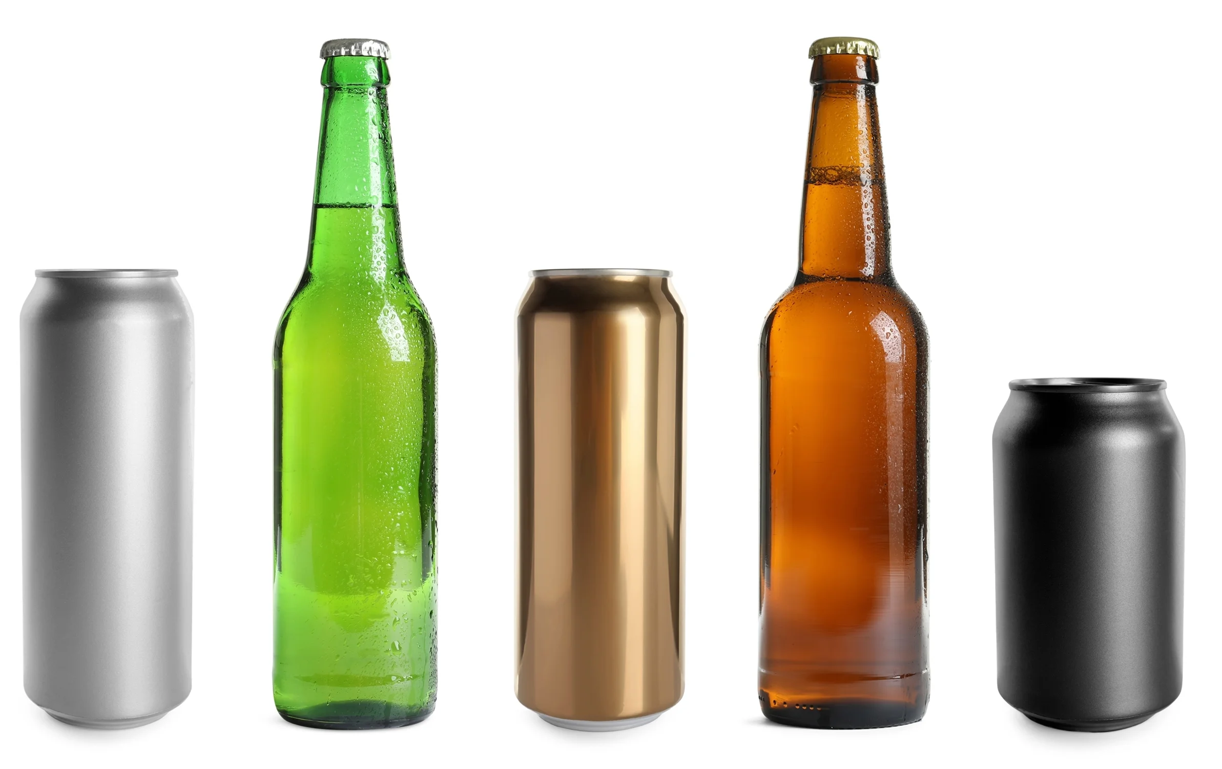 Variety of beer bottles and cans on a white background