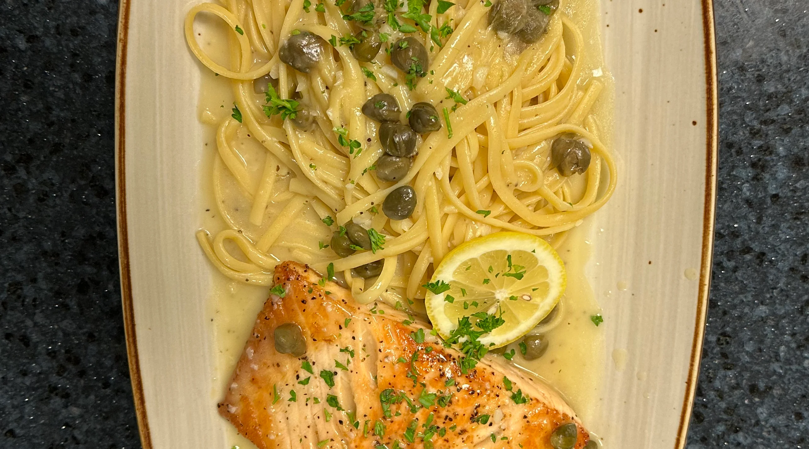 Lemon caper salmon linguine dish