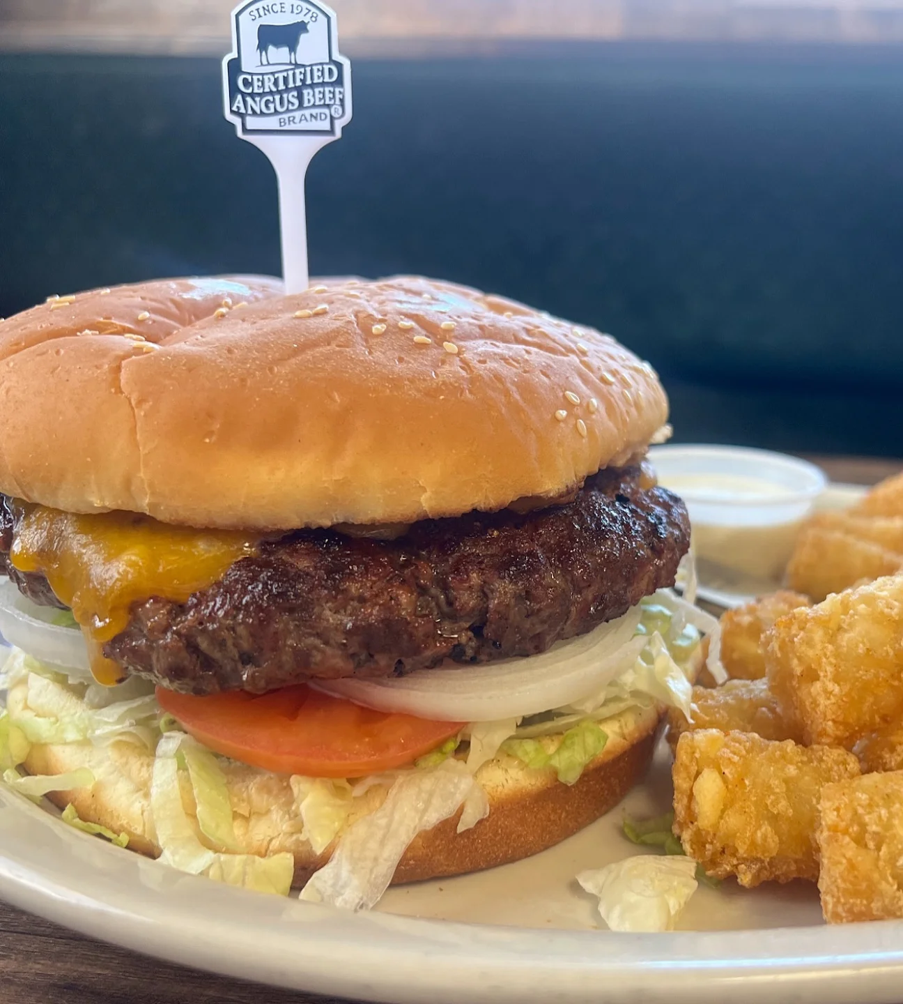 Classic American cheeseburger with Angus beef patty