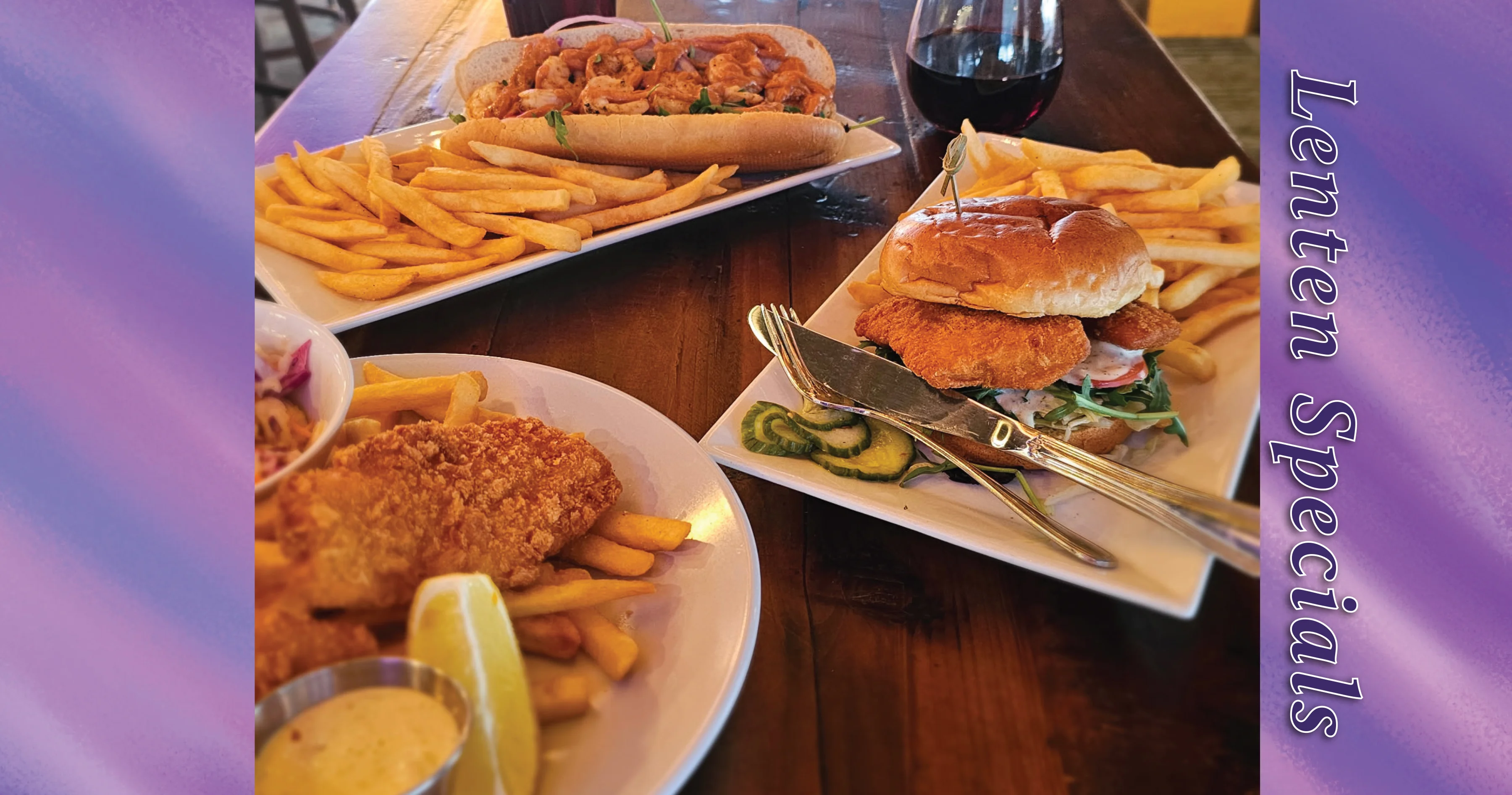Lenten seafood platter with fried fish and shrimp sandwich