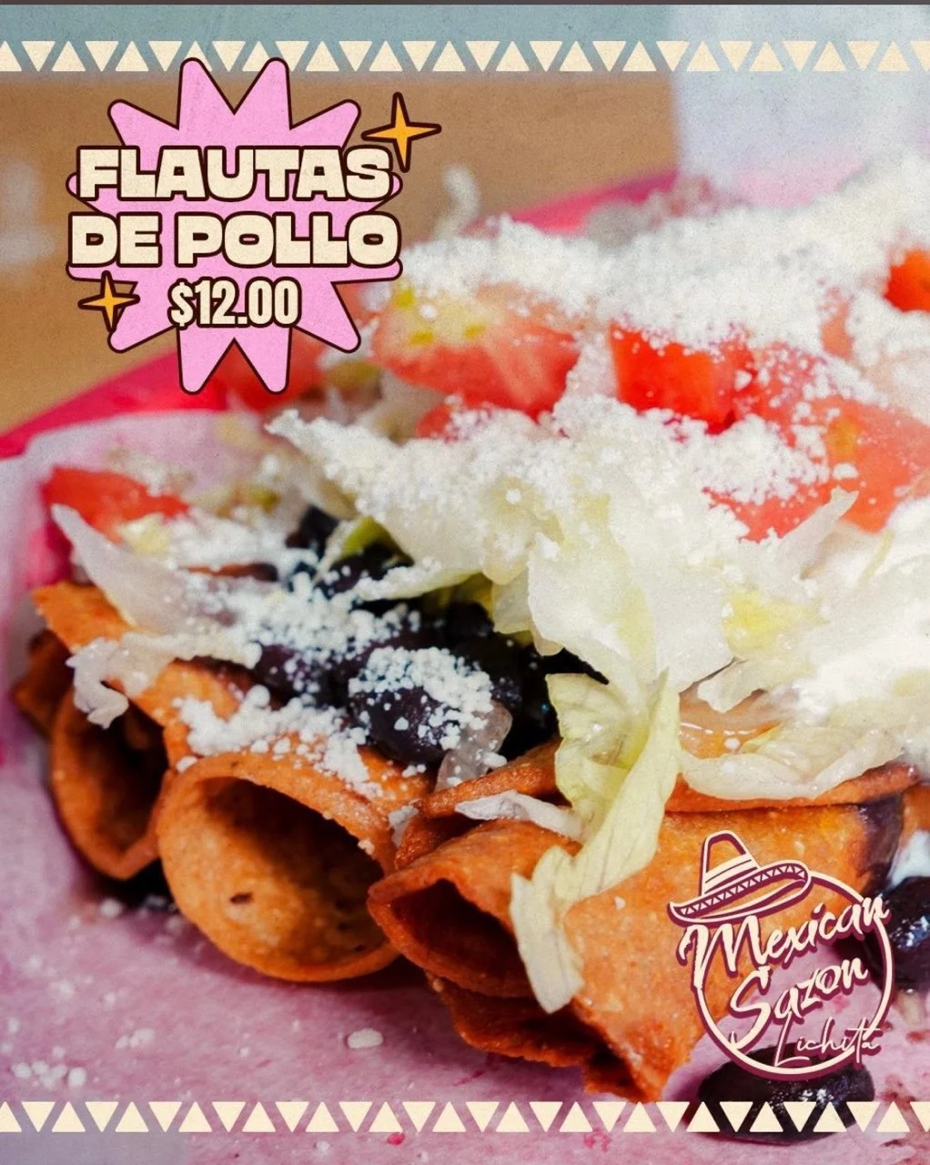 Crispy flautas de pollo served with toppings